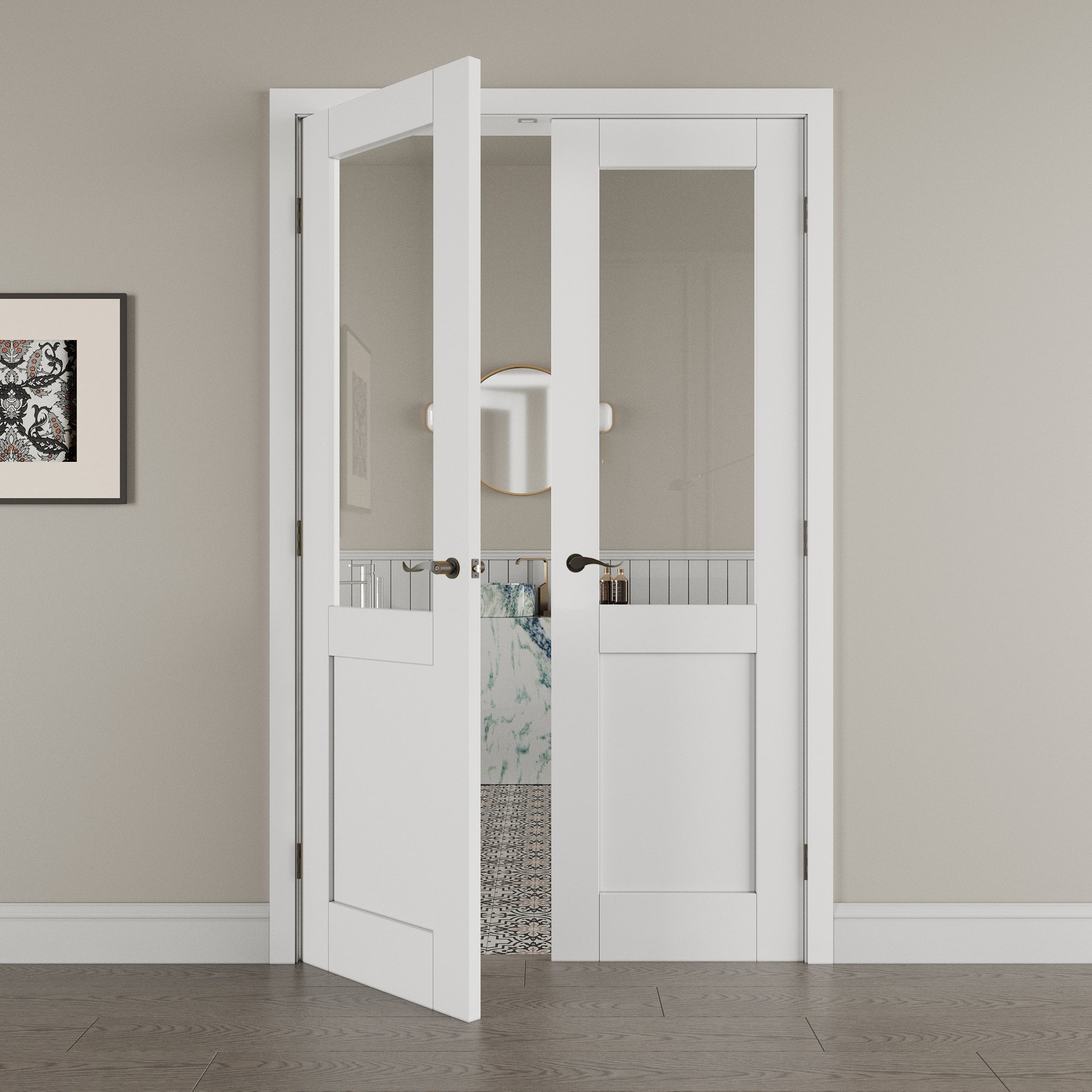 [Black Hardware Prehung French Door Collection] Half Lite Clear Glass White Solid Core Double Prehung French Door with Ready-to-Assemble Jamb