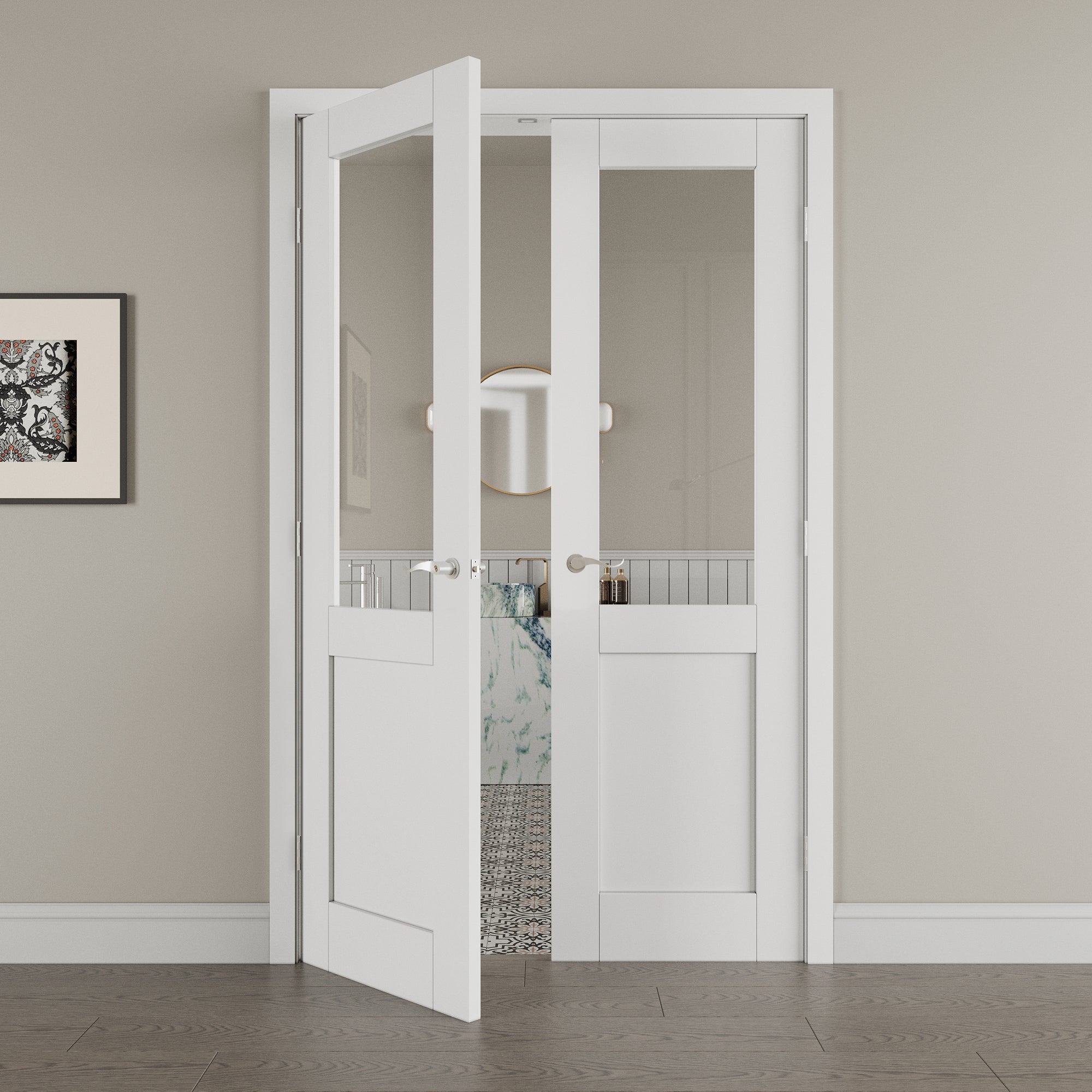 [Silver Hardware Prehung French Door Collection] Half Lite Clear Glass White Solid Core Double Prehung French Door with Sliver Handware kit & Ready-to-Assemble Jamb