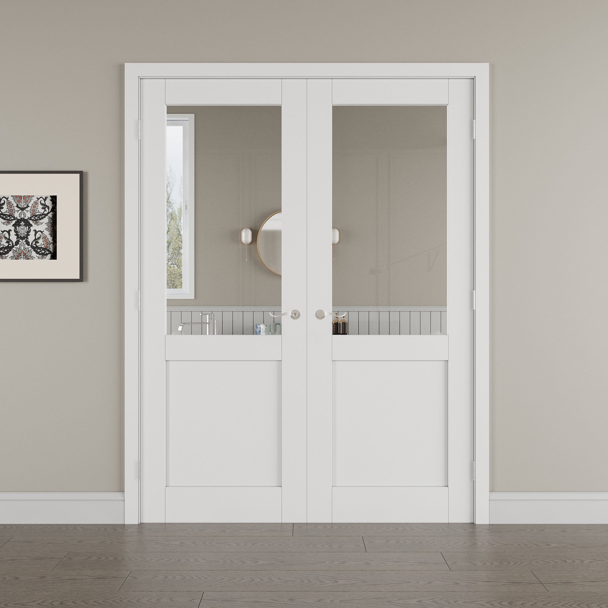 [Silver Hardware Prehung French Door Collection] Half Lite Clear Glass White Solid Core Double Prehung French Door with Sliver Handware kit & Ready-to-Assemble Jamb