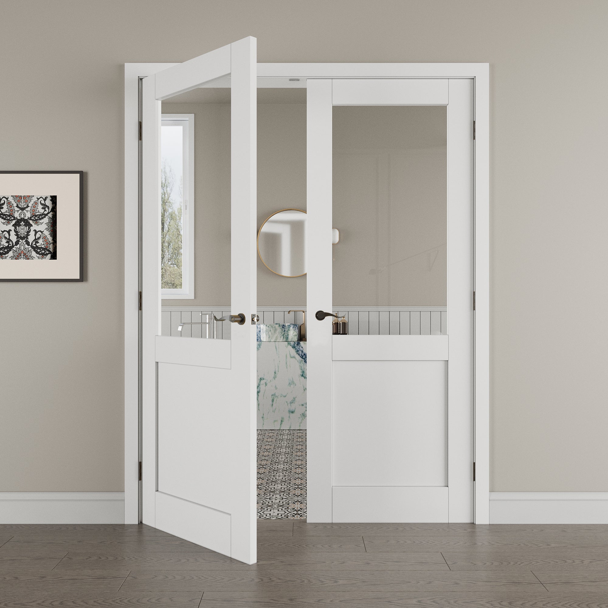 [Black Hardware Prehung French Door Collection] Half Lite Clear Glass White Solid Core Double Prehung French Door with Ready-to-Assemble Jamb