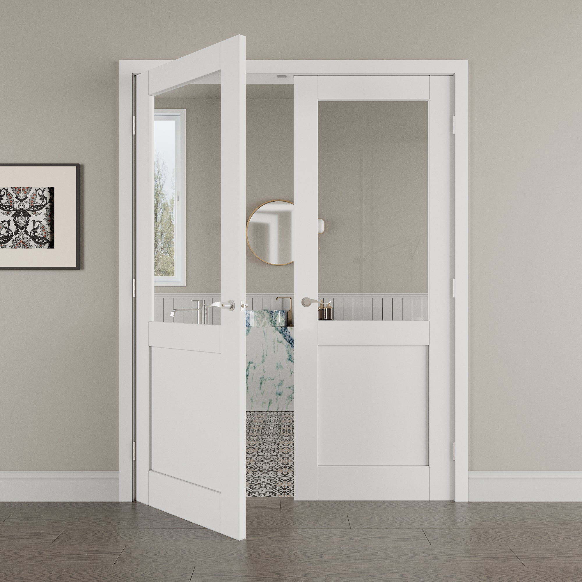[Silver Hardware Prehung French Door Collection] Half Lite Clear Glass White Solid Core Double Prehung French Door with Sliver Handware kit & Ready-to-Assemble Jamb