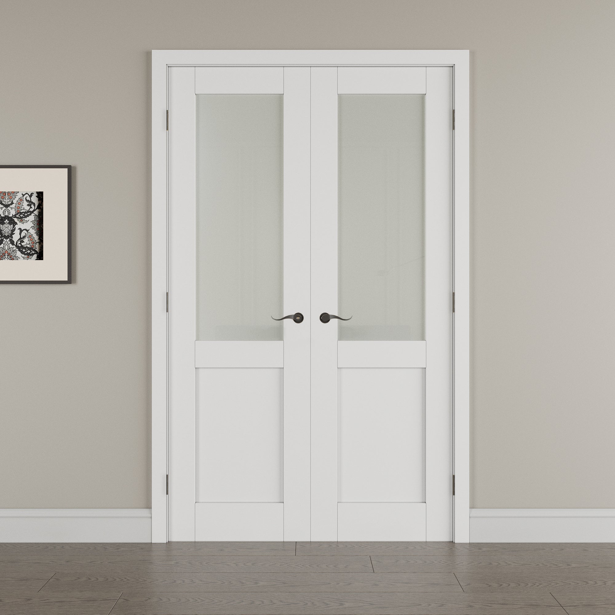 [Black Hardware Prehung French Door Collection] Half Lite Frosted Glass White Solid Core Double Prehung French Door with Ready-to-Assemble Jamb