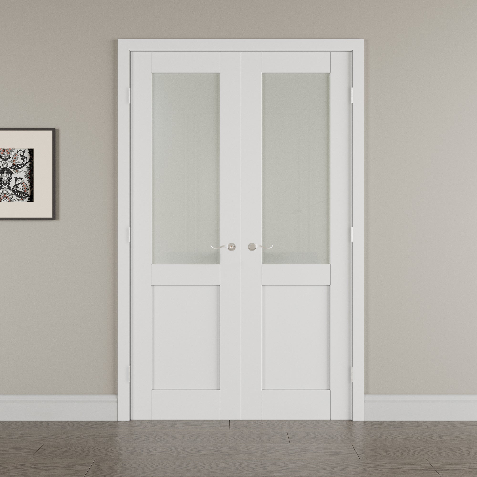 [Silver Hardware Prehung French Door Collection] Half Lite Frosted Glass White Solid Core Double Prehung French Door with Sliver Handware kit & Ready-to-Assemble Jamb