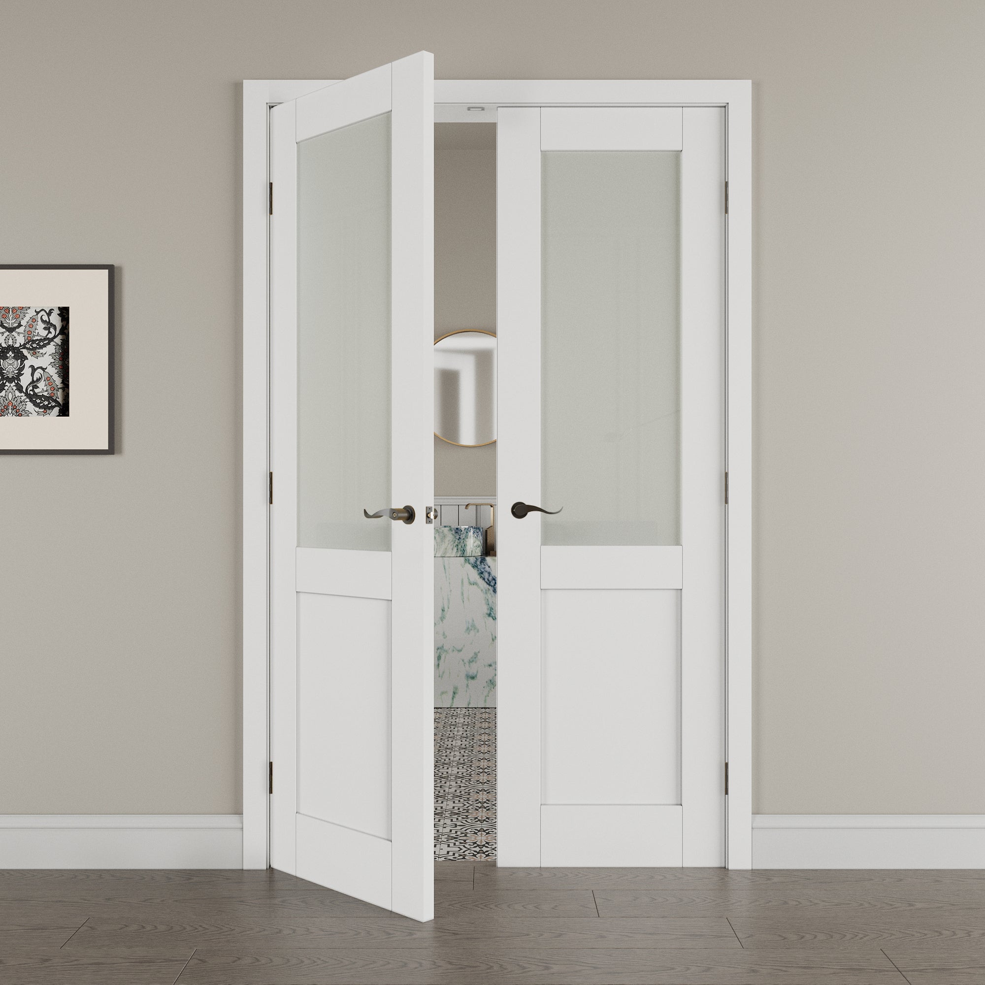[Black Hardware Prehung French Door Collection] Half Lite Frosted Glass White Solid Core Double Prehung French Door with Ready-to-Assemble Jamb