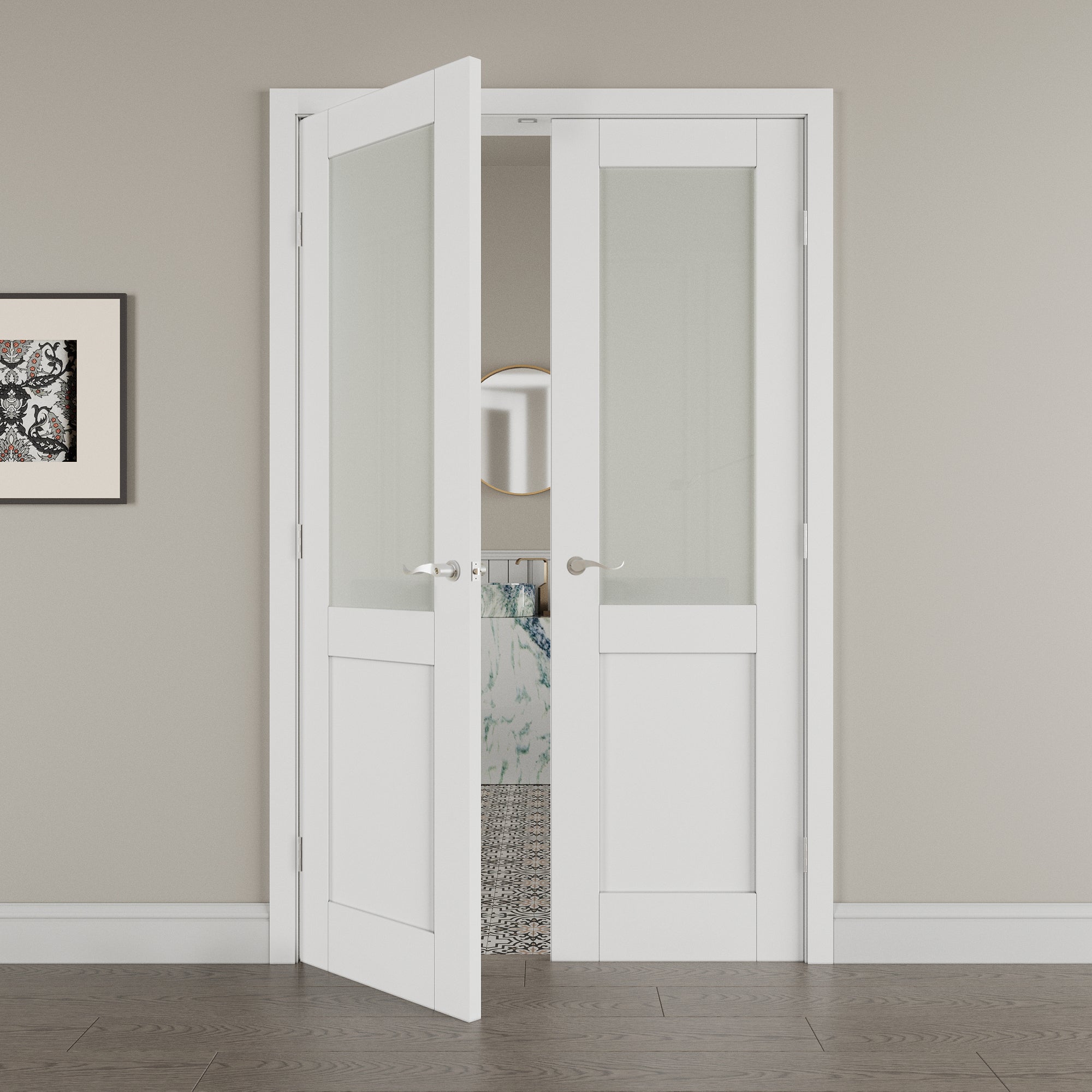 [Silver Hardware Prehung French Door Collection] Half Lite Frosted Glass White Solid Core Double Prehung French Door with Sliver Handware kit & Ready-to-Assemble Jamb