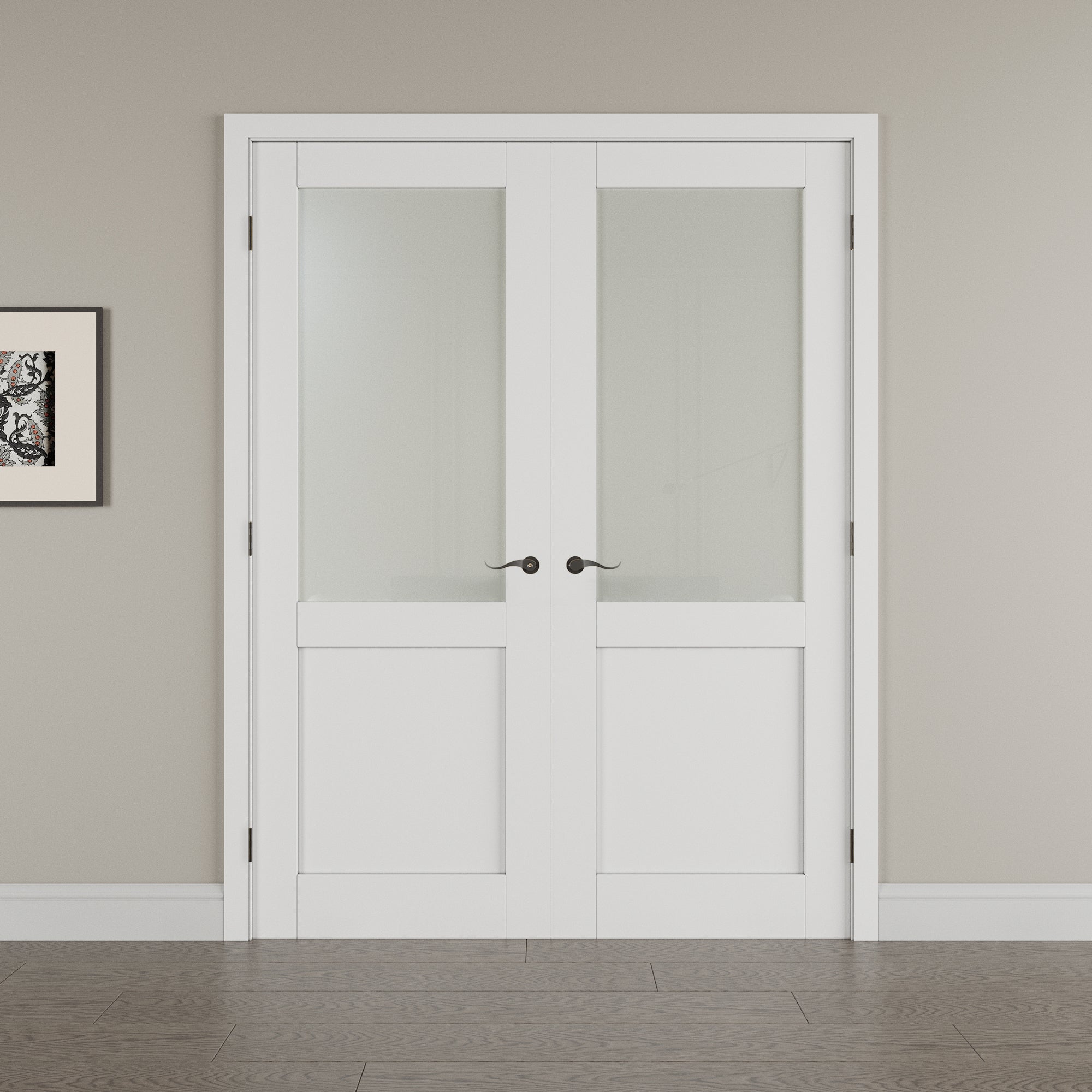 [Black Hardware Prehung French Door Collection] Half Lite Frosted Glass White Solid Core Double Prehung French Door with Ready-to-Assemble Jamb