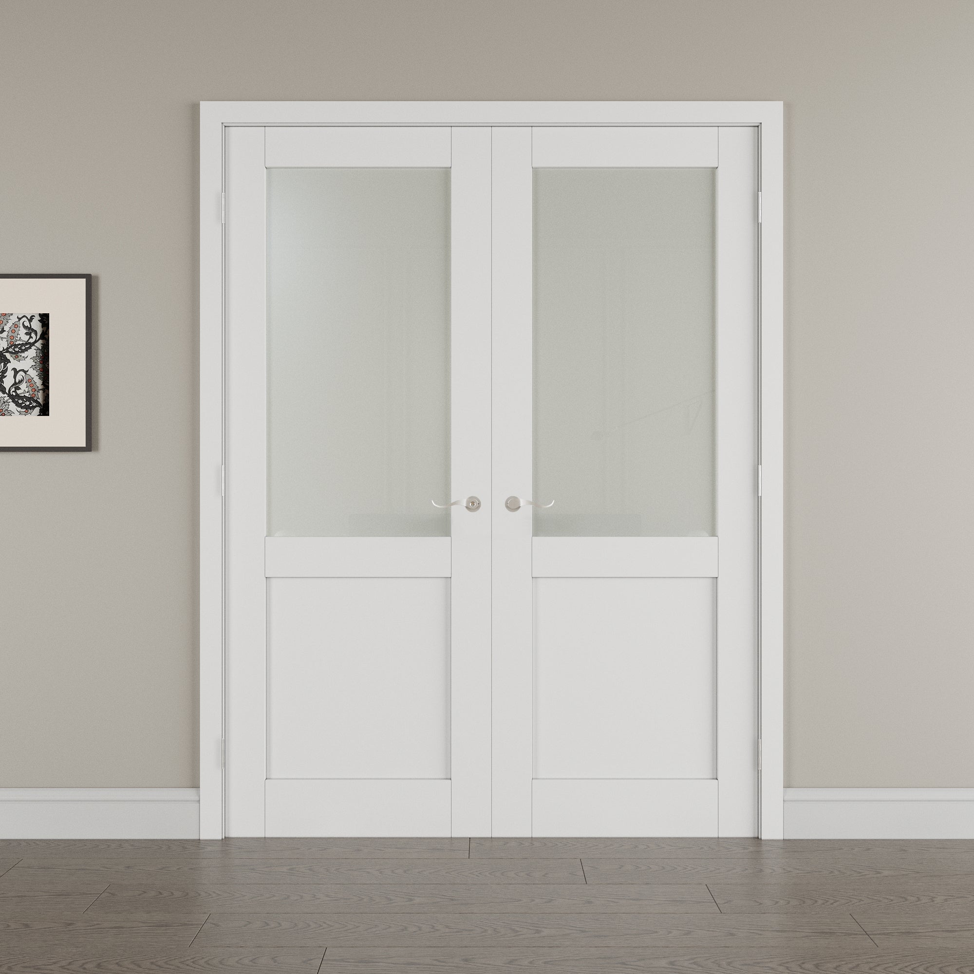 [Silver Hardware Prehung French Door Collection] Half Lite Frosted Glass White Solid Core Double Prehung French Door with Sliver Handware kit & Ready-to-Assemble Jamb