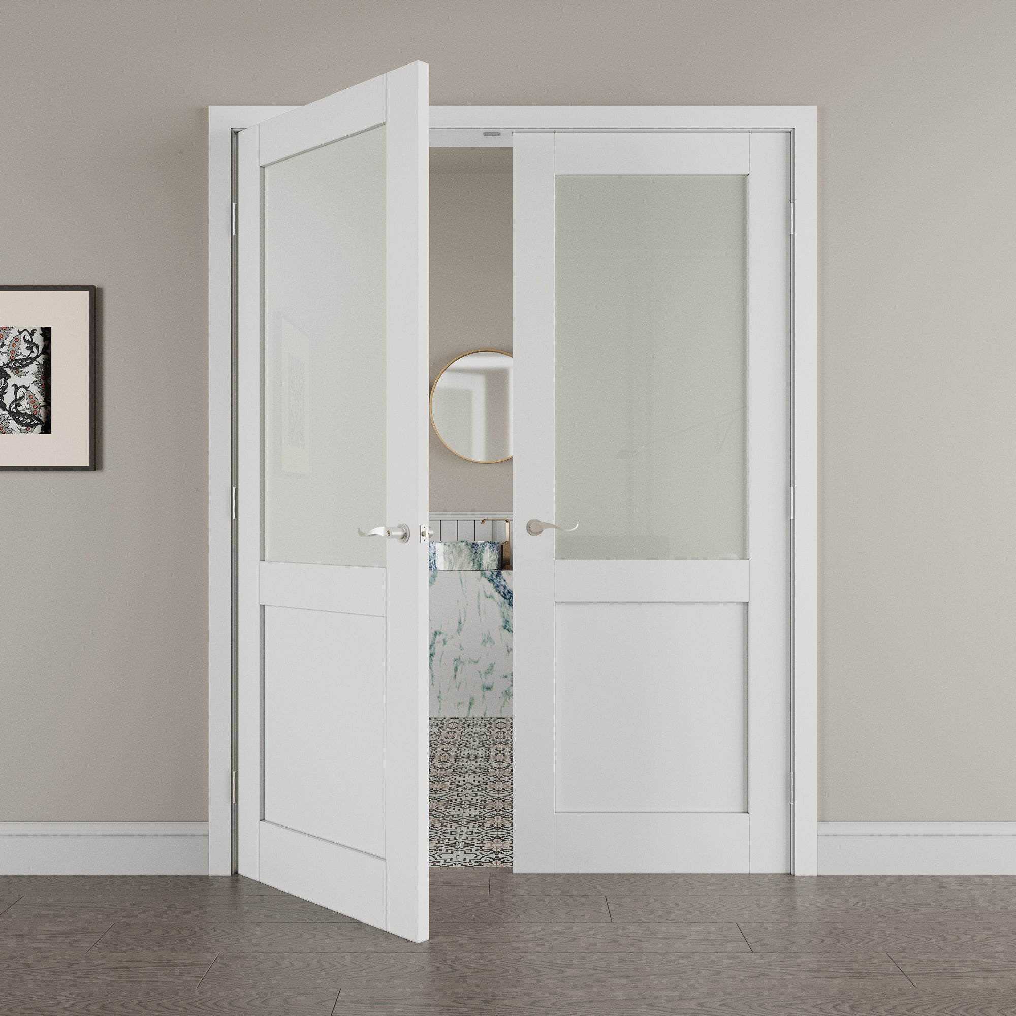 [Silver Hardware Prehung French Door Collection] Half Lite Frosted Glass White Solid Core Double Prehung French Door with Sliver Handware kit & Ready-to-Assemble Jamb