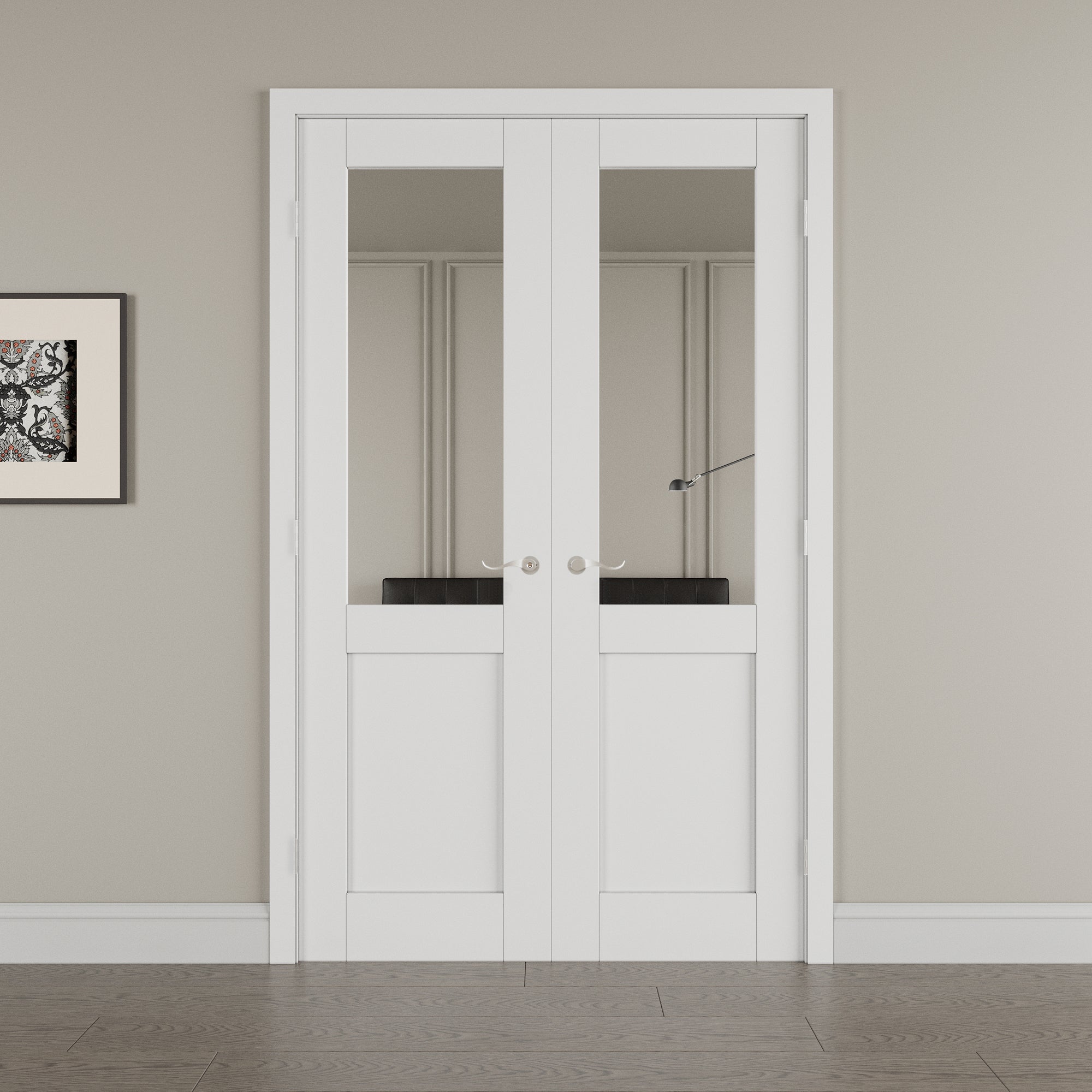 [Silver Hardware Prehung French Door Collection] Half-Lite Mirror White Solid Core Double Prehung French Door with Sliver Handware & Ready-to-Assemble Jamb