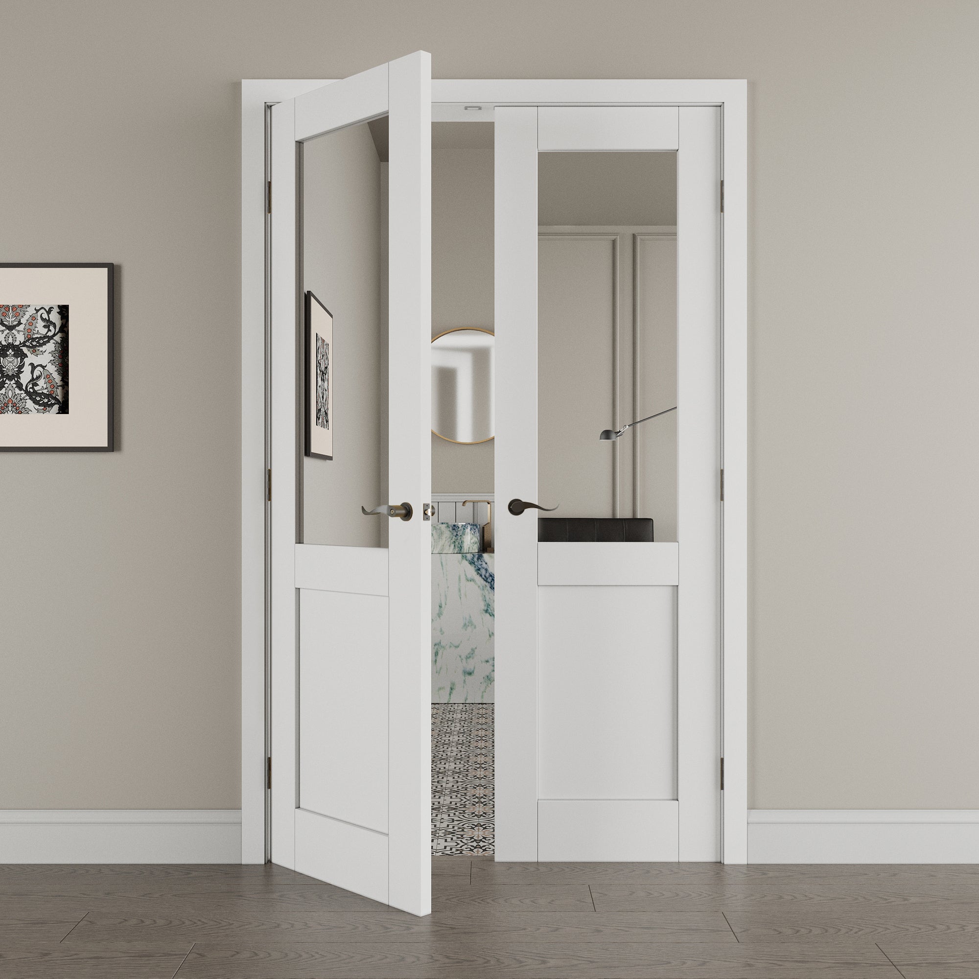 [Black Hardware Prehung French Door Collection] Half-Lite Mirror White Solid Core Double Prehung French Door with Ready-to-Assemble Jamb