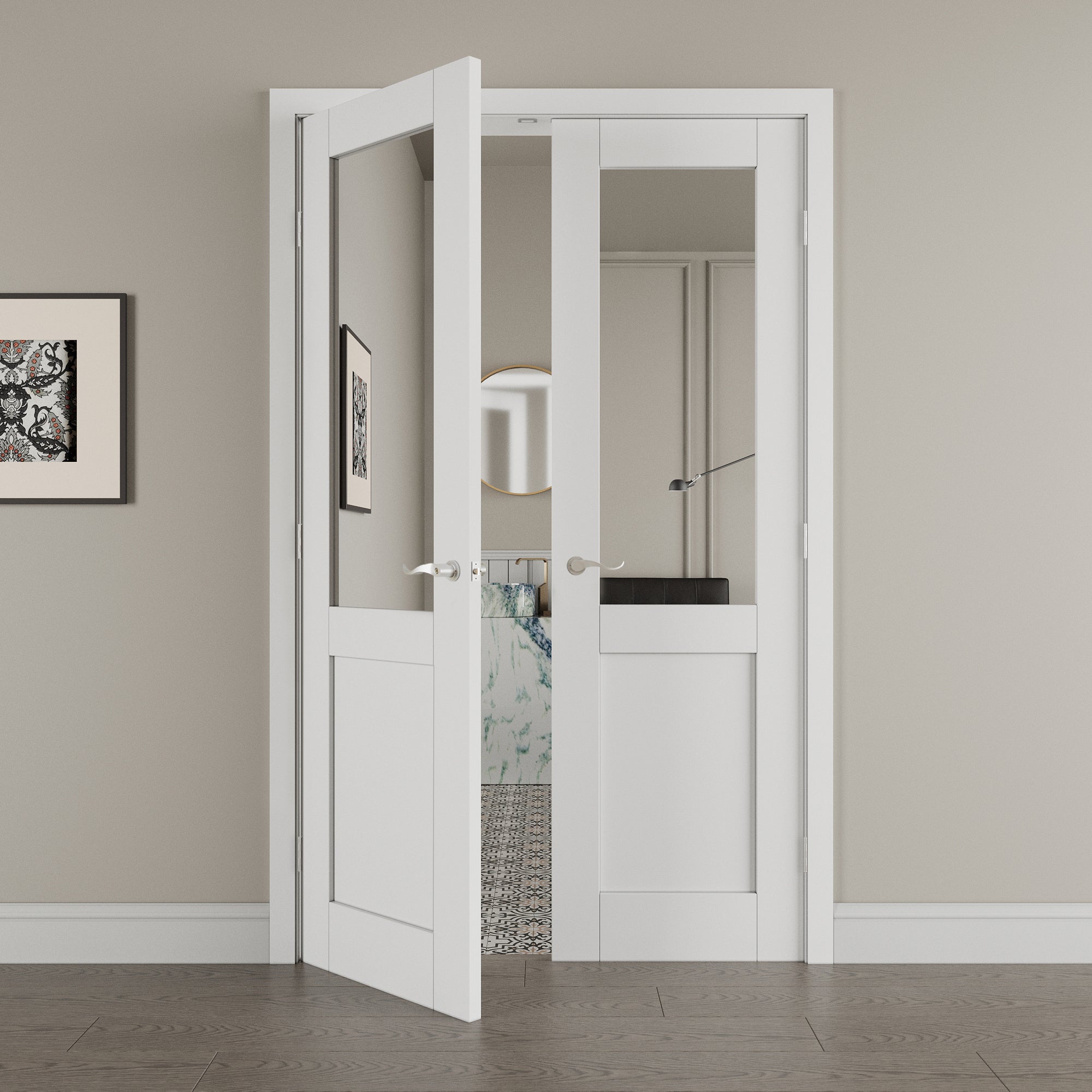 [Silver Hardware Prehung French Door Collection] Half-Lite Mirror White Solid Core Double Prehung French Door with Sliver Handware & Ready-to-Assemble Jamb