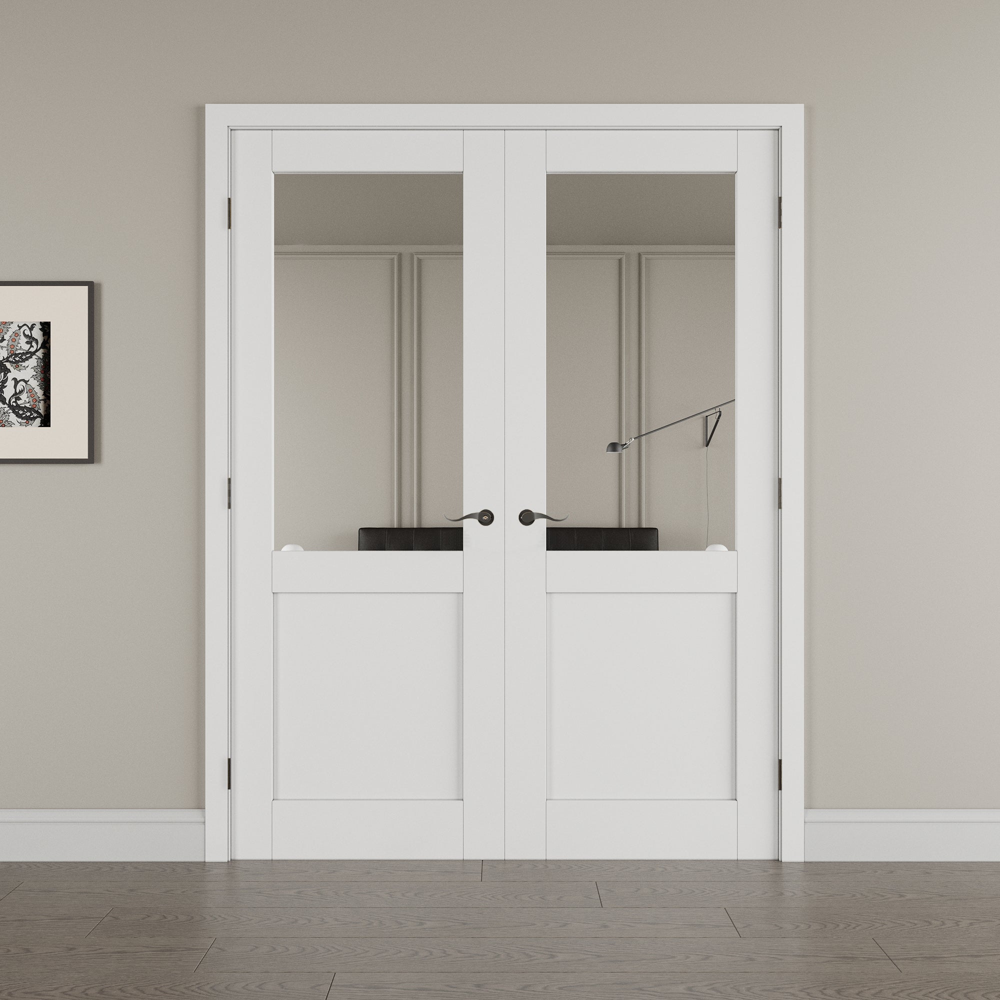 [Black Hardware Prehung French Door Collection] Half-Lite Mirror White Solid Core Double Prehung French Door with Ready-to-Assemble Jamb