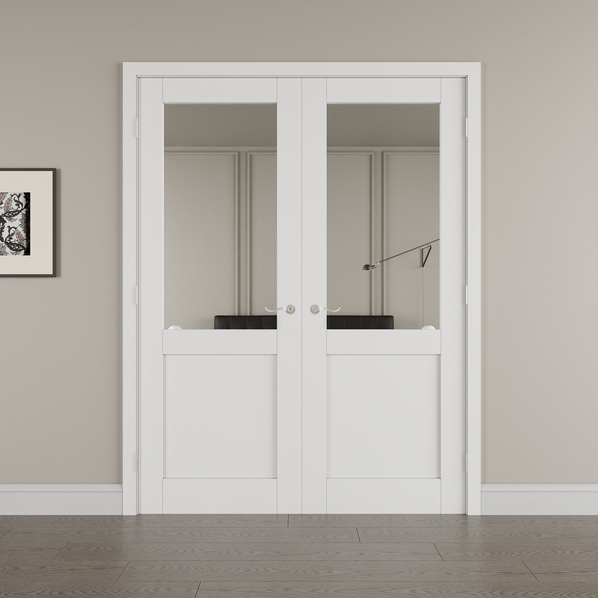 [Silver Hardware Prehung French Door Collection] Half-Lite Mirror White Solid Core Double Prehung French Door with Sliver Handware & Ready-to-Assemble Jamb