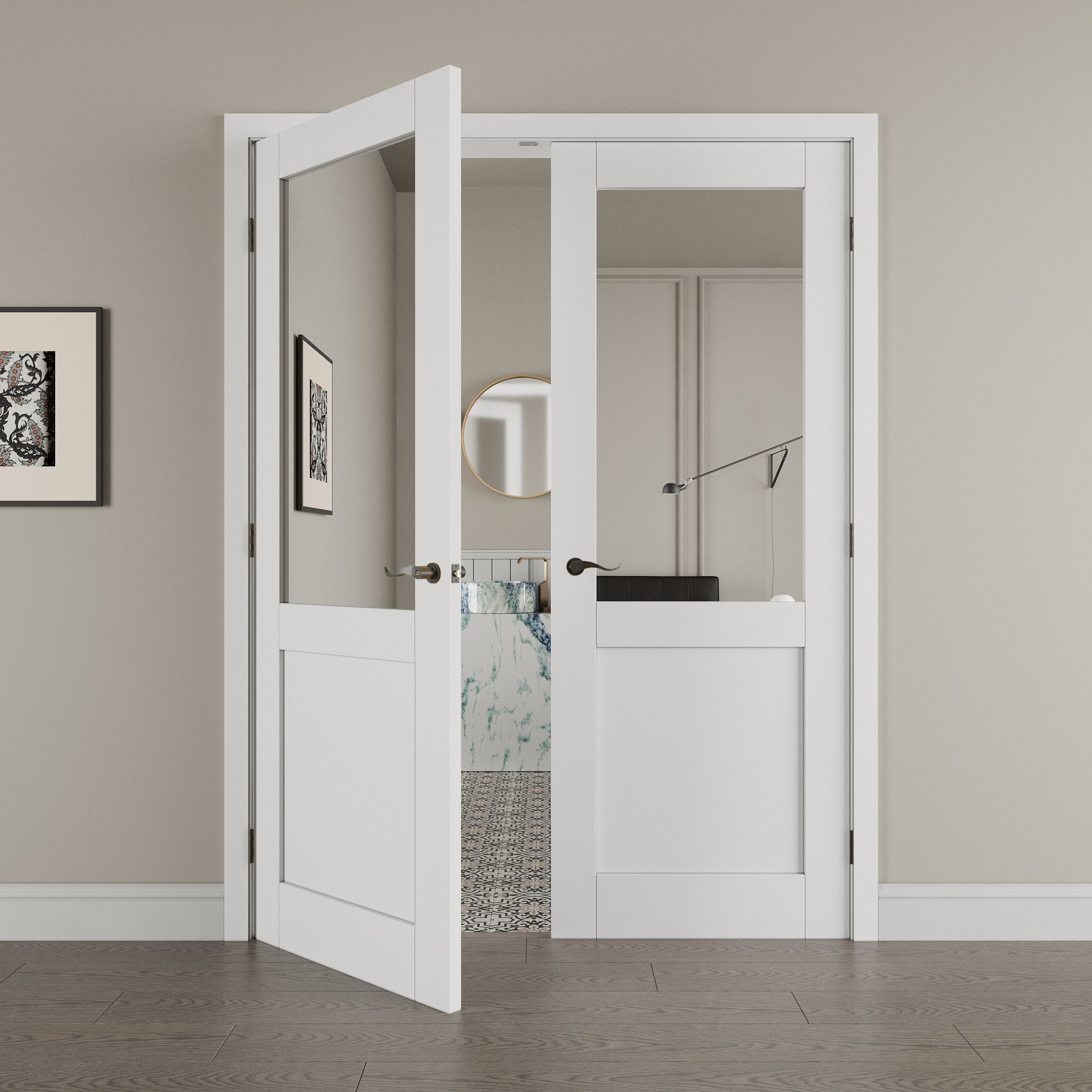 [Black Hardware Prehung French Door Collection] Half-Lite Mirror White Solid Core Double Prehung French Door with Ready-to-Assemble Jamb