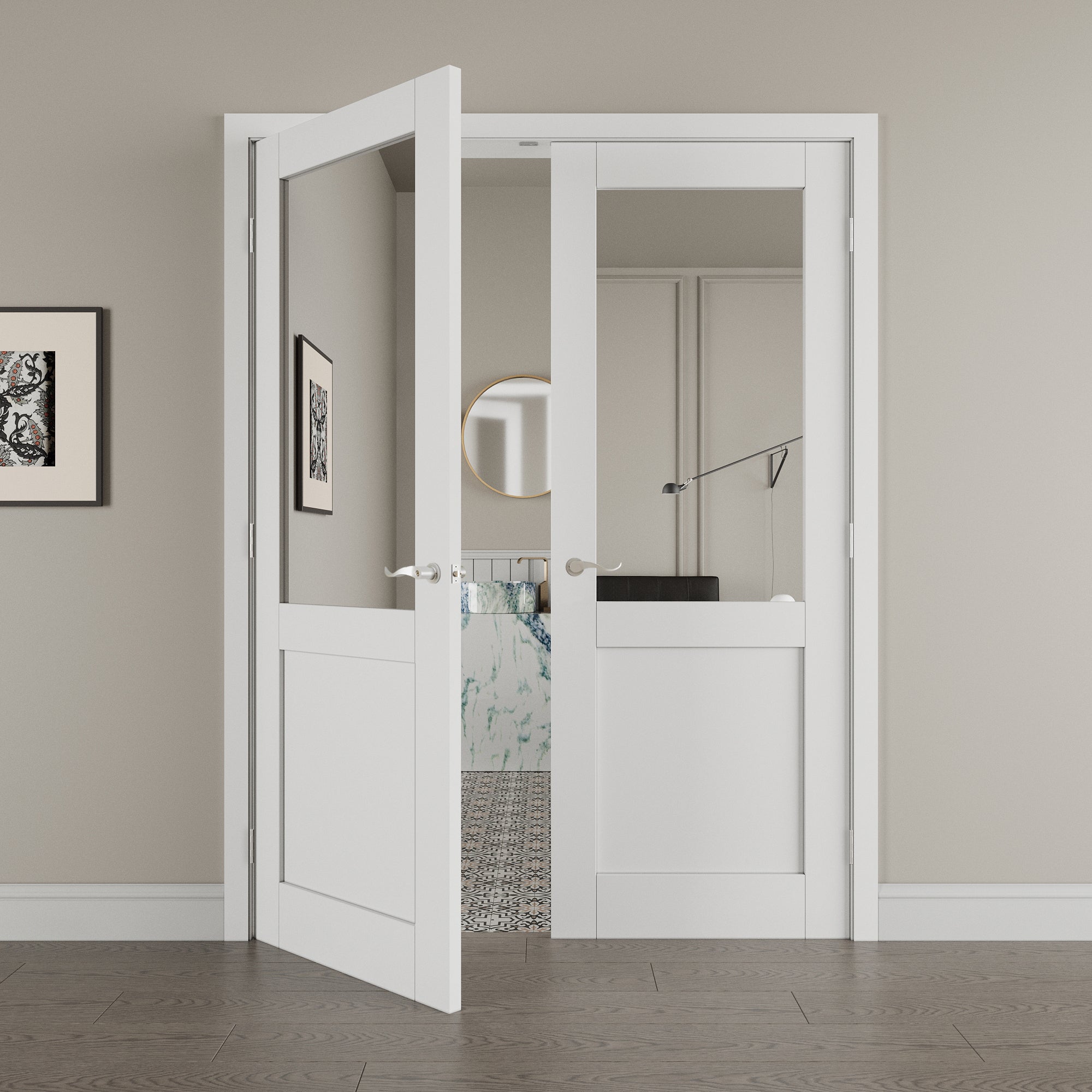 [Silver Hardware Prehung French Door Collection] Half-Lite Mirror White Solid Core Double Prehung French Door with Sliver Handware & Ready-to-Assemble Jamb
