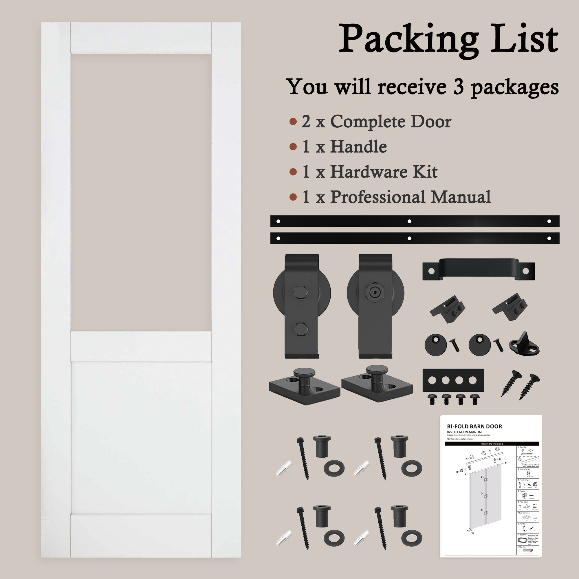 [Paintable] Half Lite Tempered Clear Glass Bifold Sliding Barn Door, Prefinished & Paintable Surface with Hardware Kit