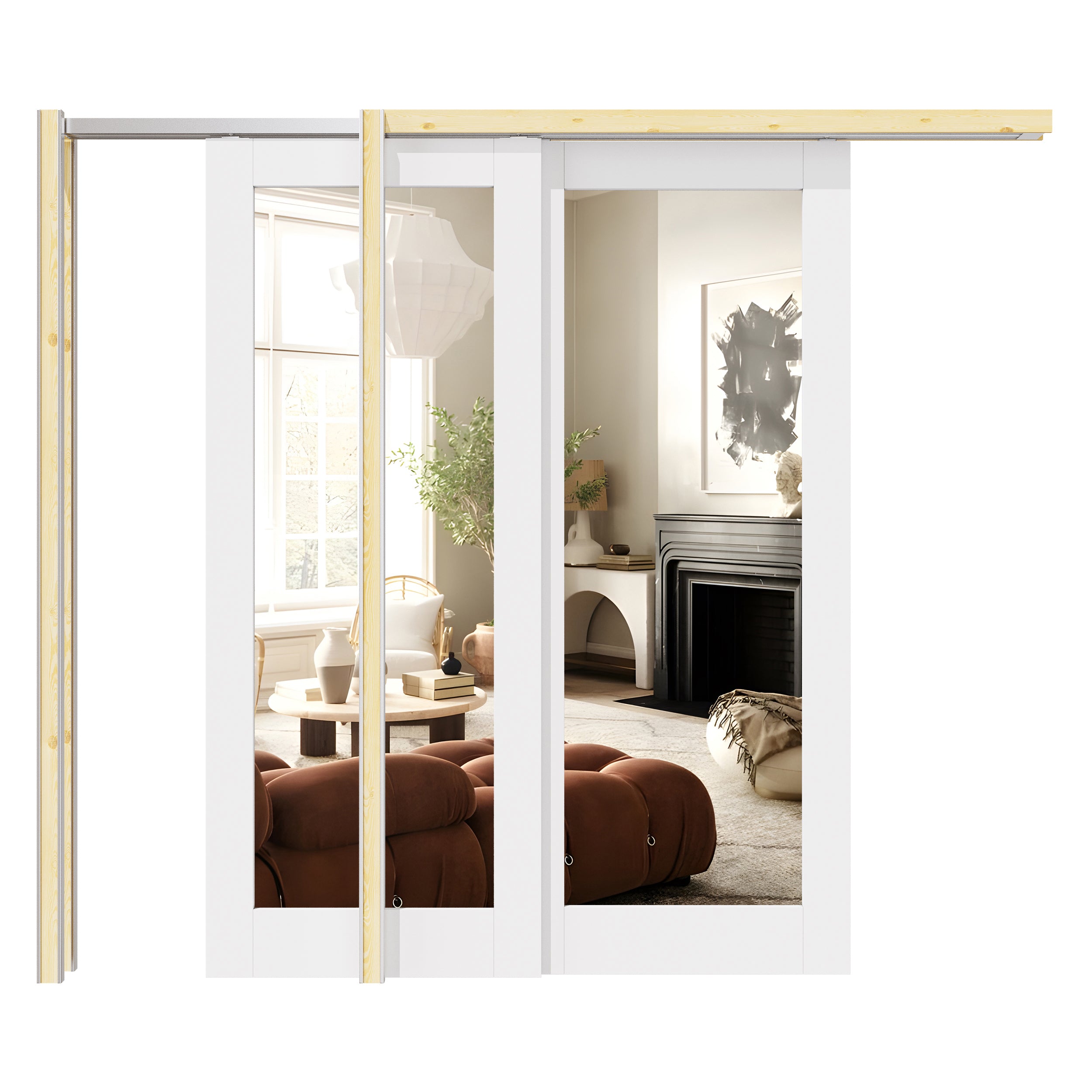 Ark Design 1 Lite Mirror Double Bypass Pocket Door with Hardware Kit & Soft Close & Frame, Solid Core MDF Wood & Paint-grade Finished, White