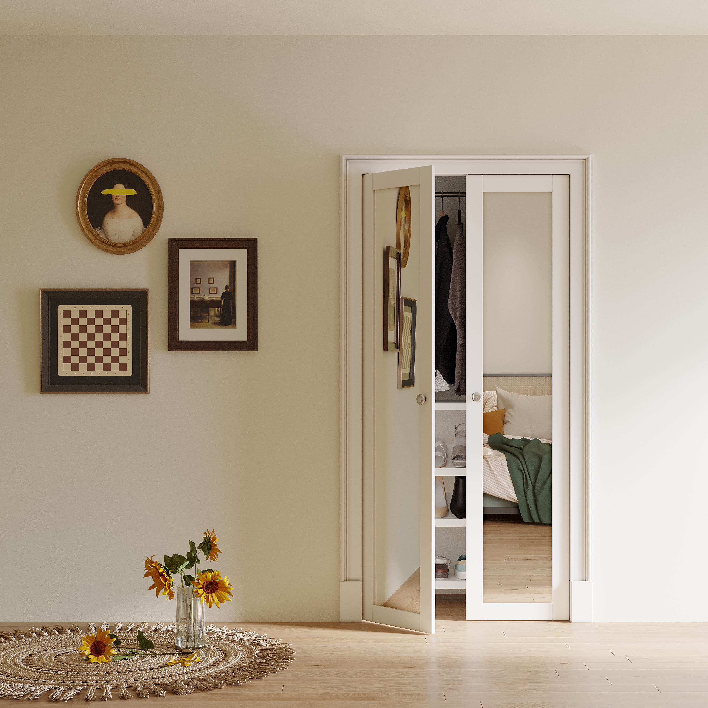 Ark Design 1-Lite Mirror French Pivot Door with Hardware Kit, Solid Core MDF Wood & PVC Covered Finished, White