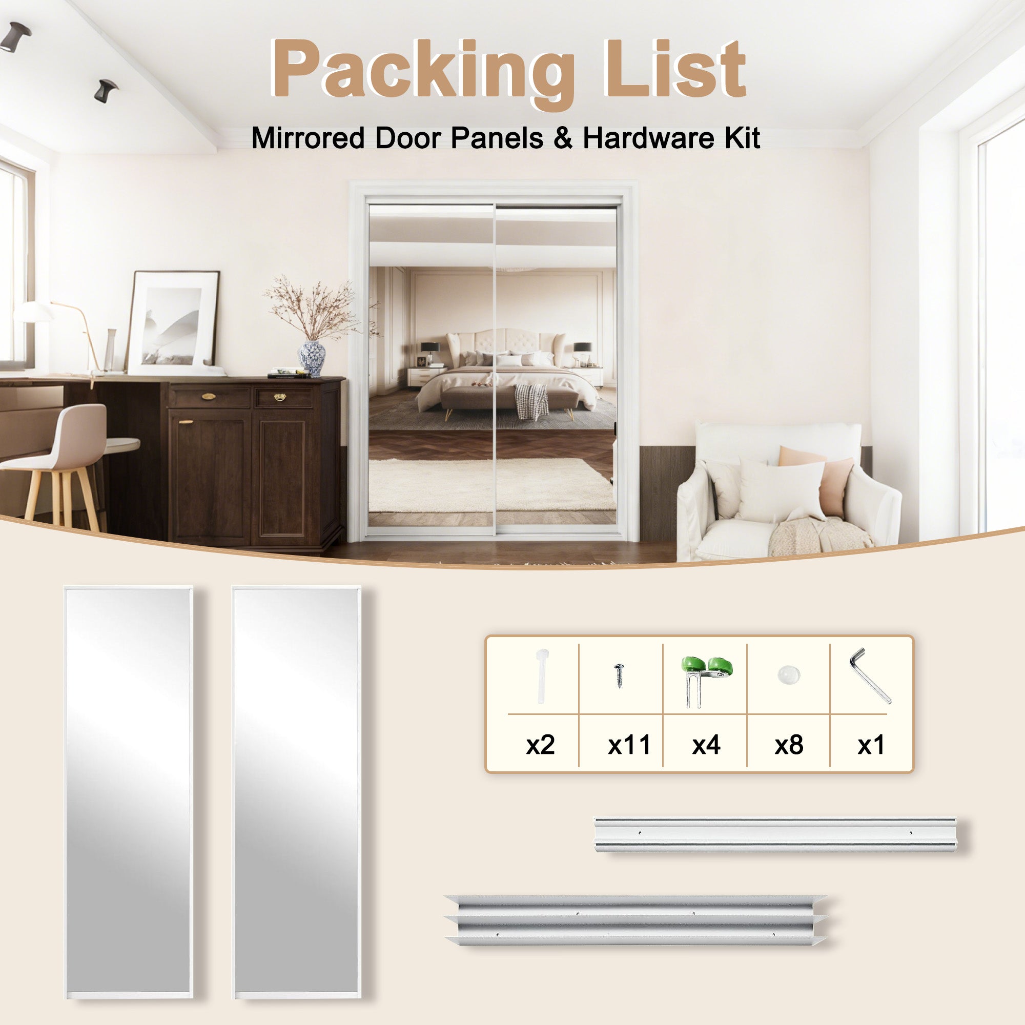 Ark Design 1-Lite tempered clear glass Bypass Sliding Closet Door with Hardware Kit, White Aluminum Frame