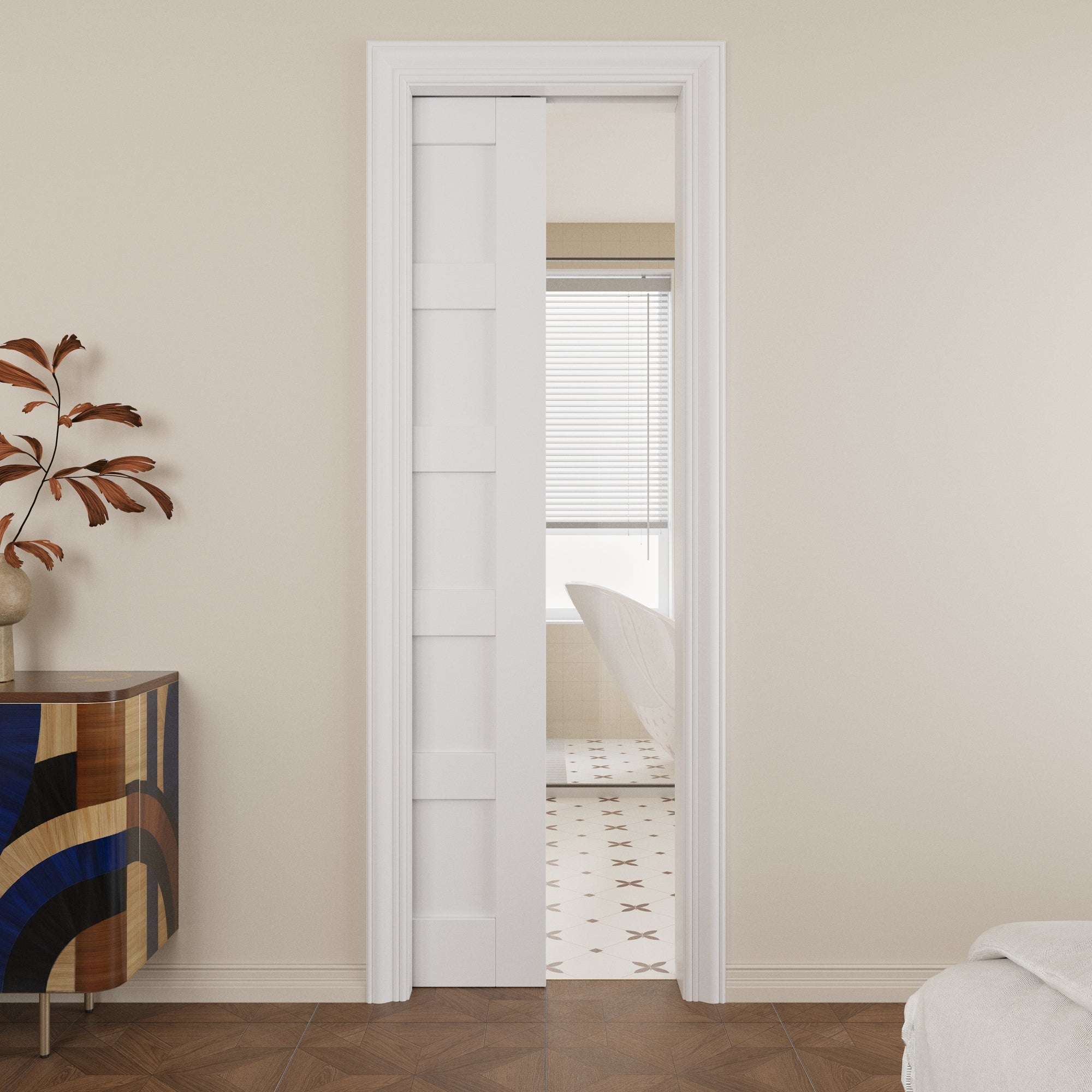 Ark Design 5 lite Panel Pocket Door with Hardware Kit & Soft Close & Frame, Solid Core MDF Wood & Paint-grade Finished, White