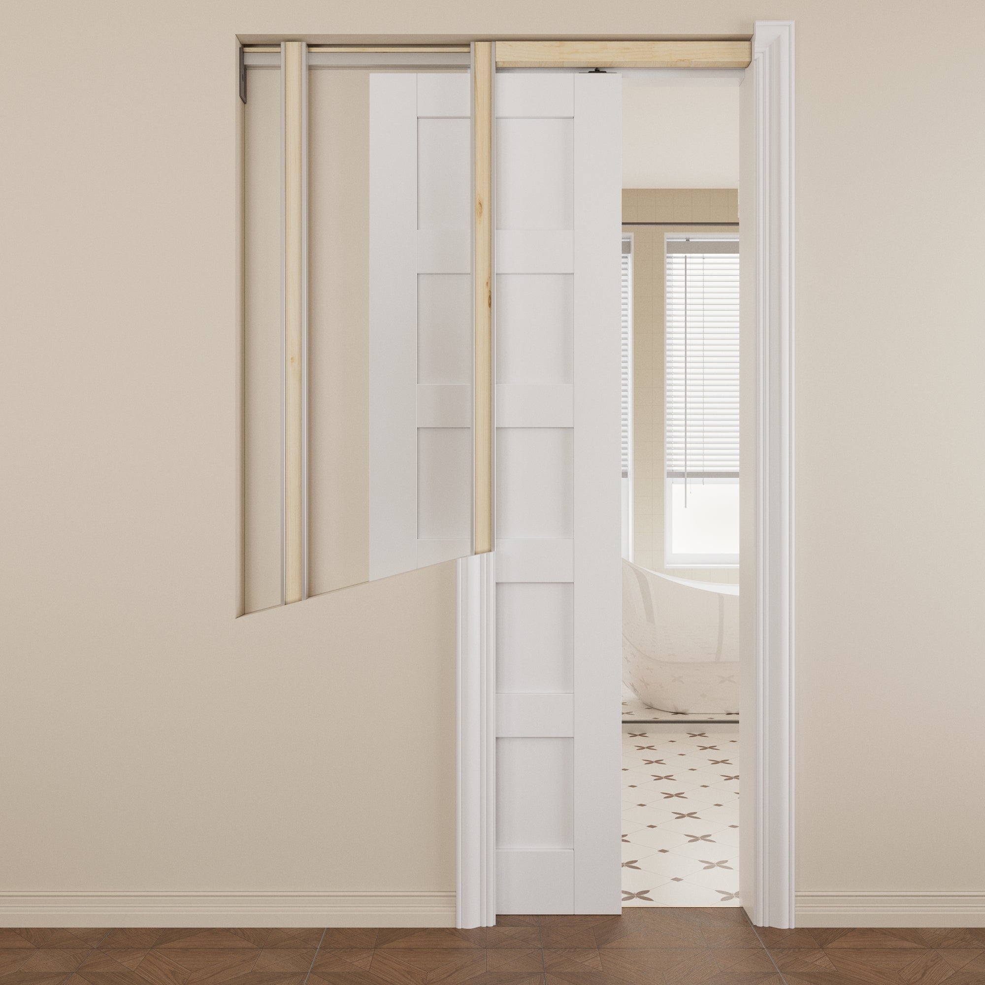 Ark Design 5 lite Panel Pocket Door with Hardware Kit & Soft Close & Frame, Solid Core MDF Wood & Paint-grade Finished, White