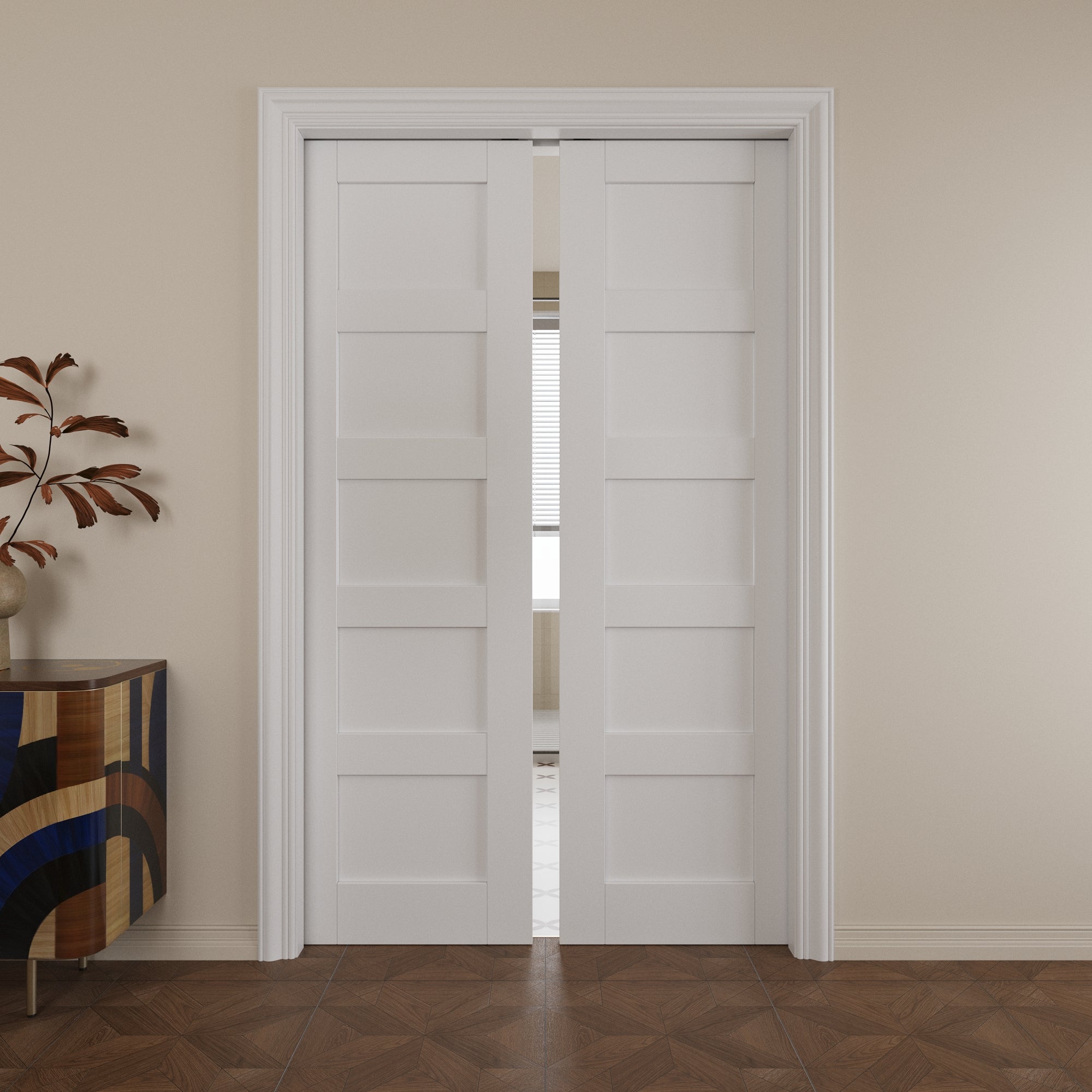 Ark Design 5 lite Panel Pocket Door with Hardware Kit & Soft Close & Frame, Solid Core MDF Wood & Paint-grade Finished, White