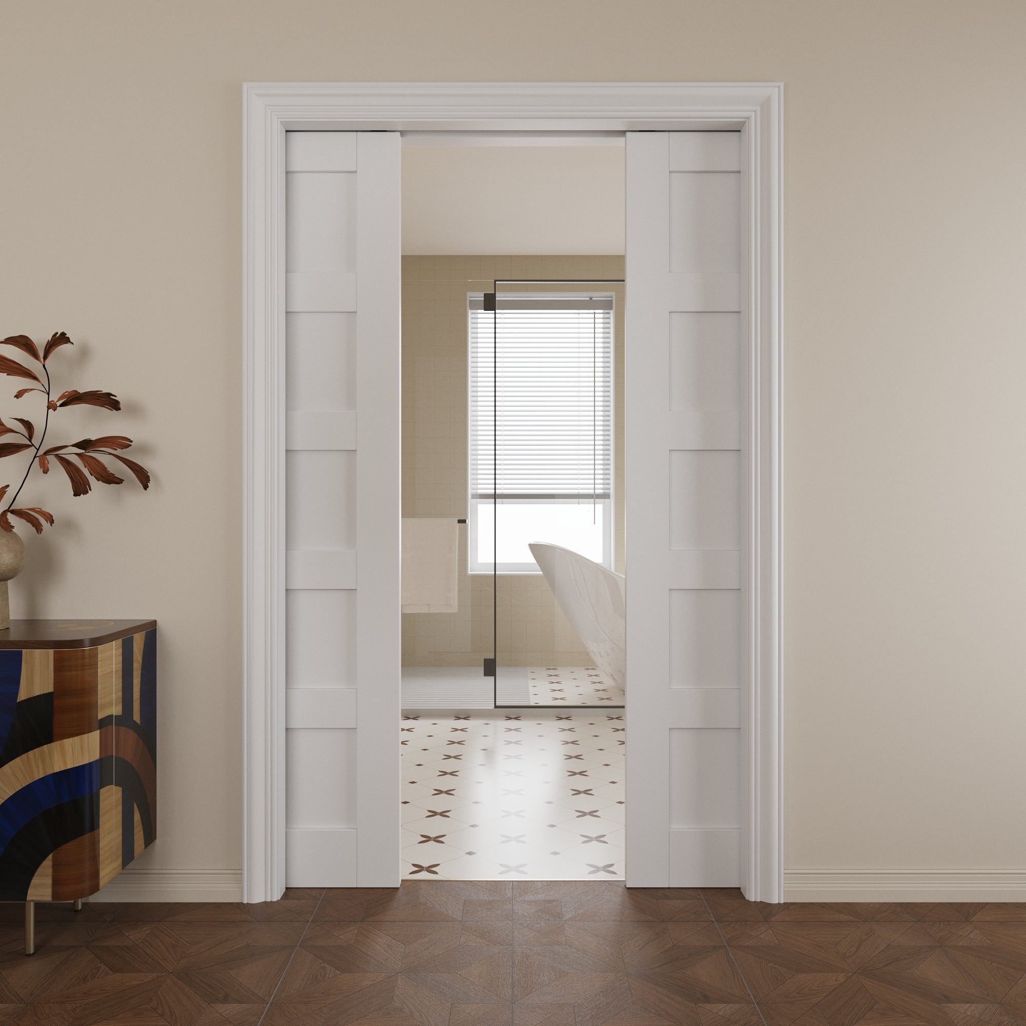 Ark Design 5 lite Panel Pocket Door with Hardware Kit & Soft Close & Frame, Solid Core MDF Wood & Paint-grade Finished, White