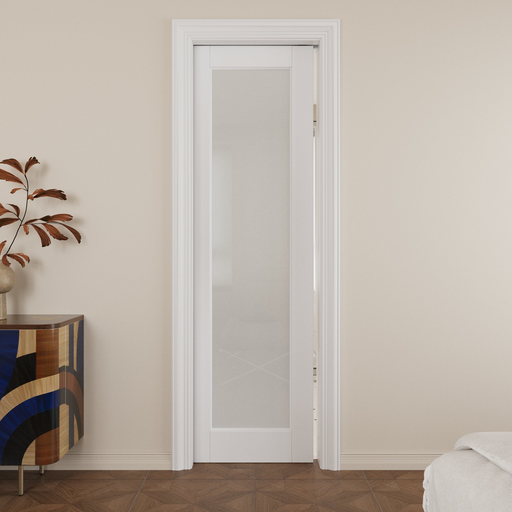 Ark Design Tempered Frosted Glass Pocket Door with Hardware Kit & Soft Close, MDF Wood & Paint-grade Finished, White