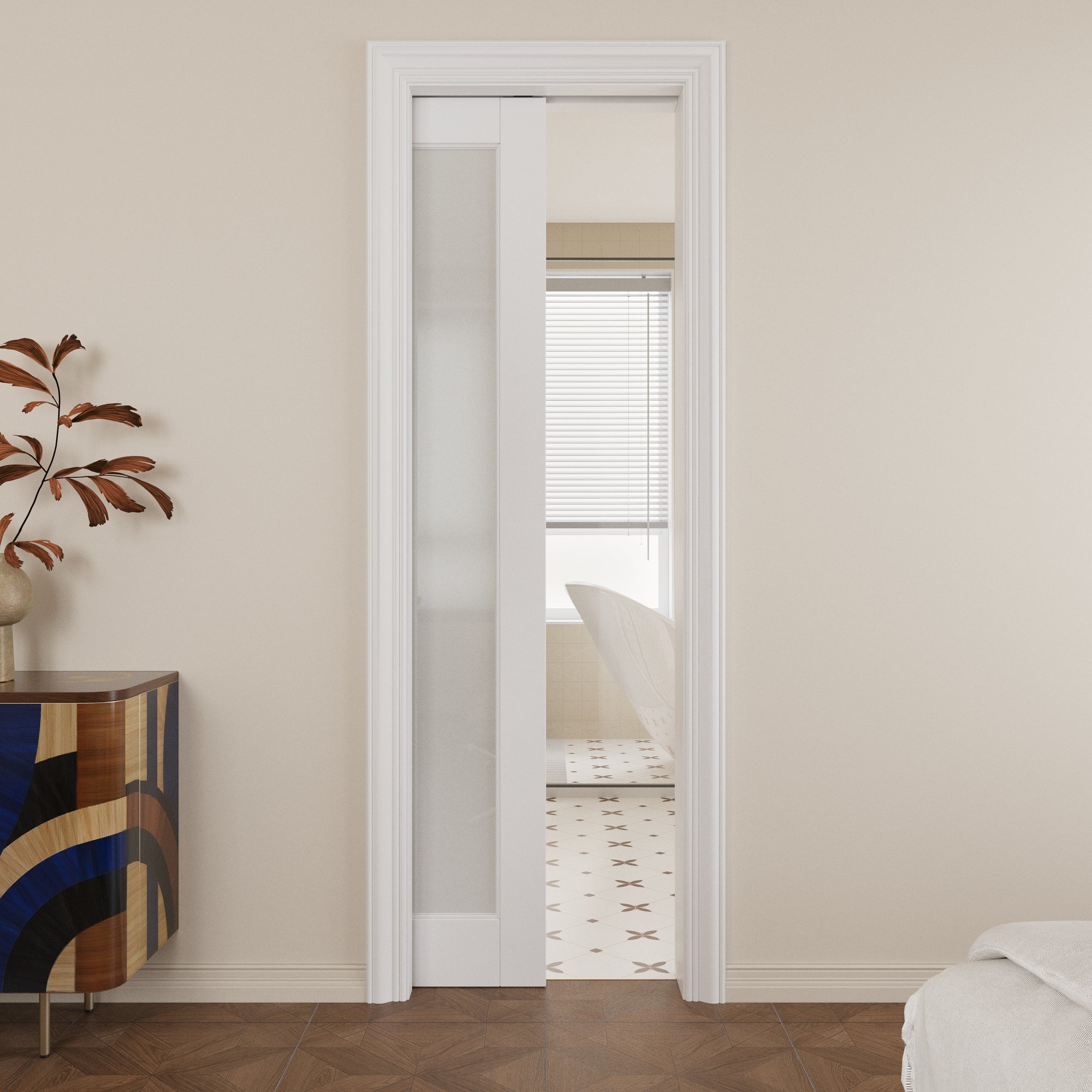 Ark Design Tempered Frosted Glass Pocket Door with Hardware Kit & Soft Close, MDF Wood & Paint-grade Finished, White