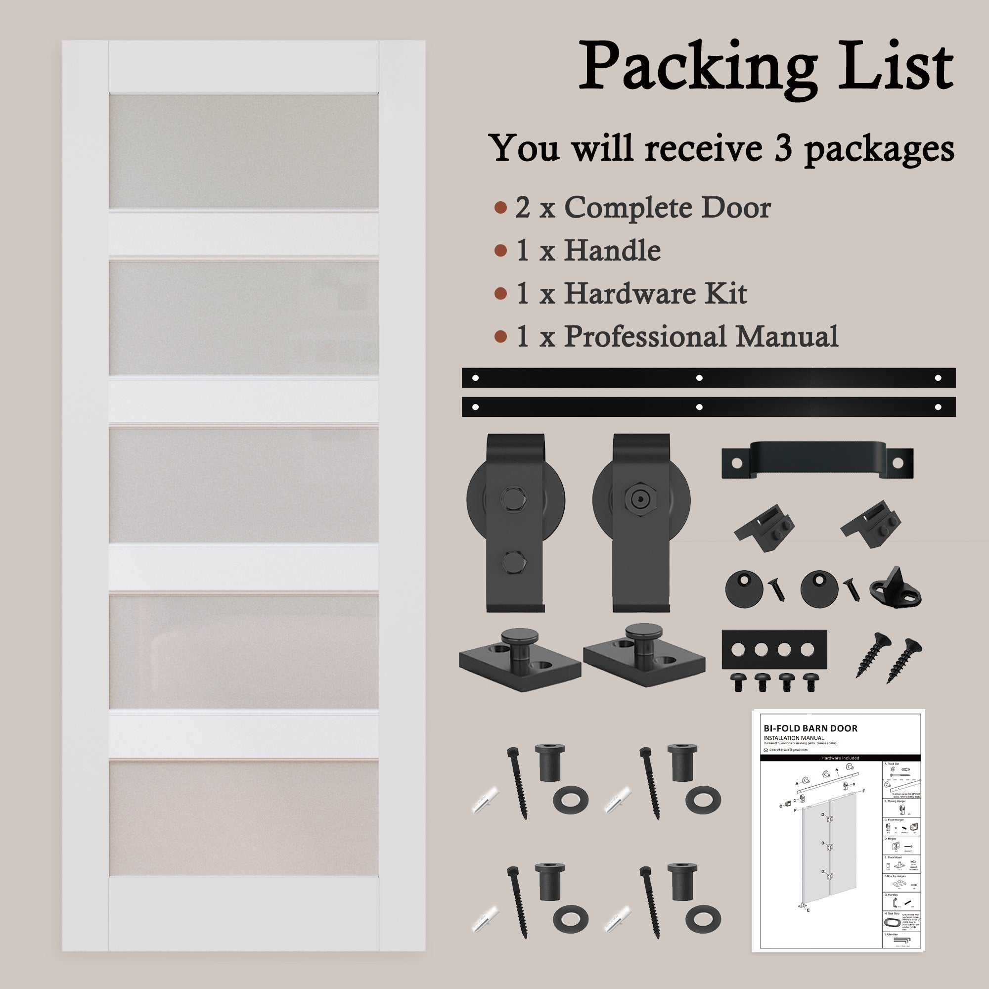 [Paintable] 5-Lite Tempered Frosted Glass Bifold Sliding Barn Door, Prefinished & Paintable Surface,with Hardware Kit