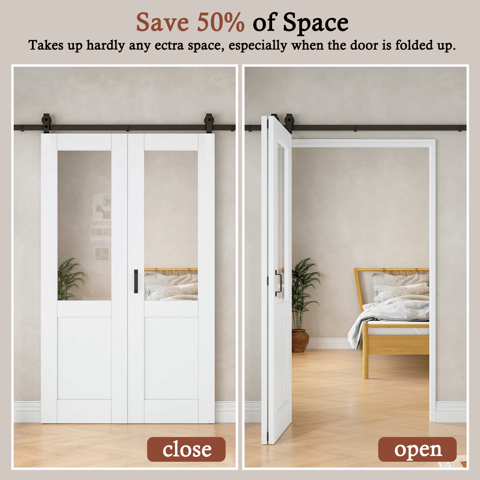 [Paintable] Half Lite Tempered Clear Glass Bifold Sliding Barn Door, Prefinished & Paintable Surface with Hardware Kit