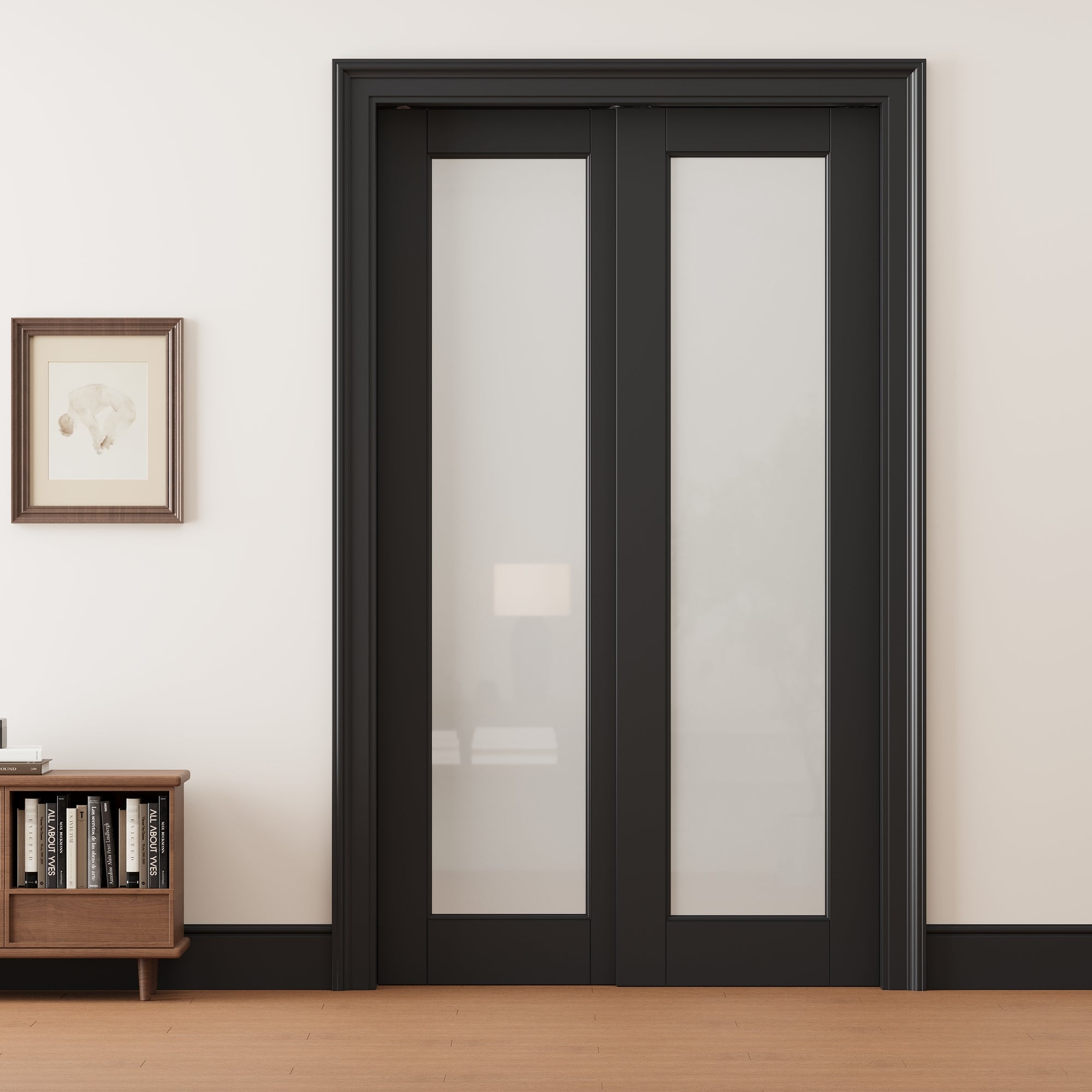 Ark Design 1 lite Frosted Glass Double Bypass Pocket Door with Hardware Kit & Soft Close & Black Frame, Solid Core MDF Wood & Paint-grade Finished