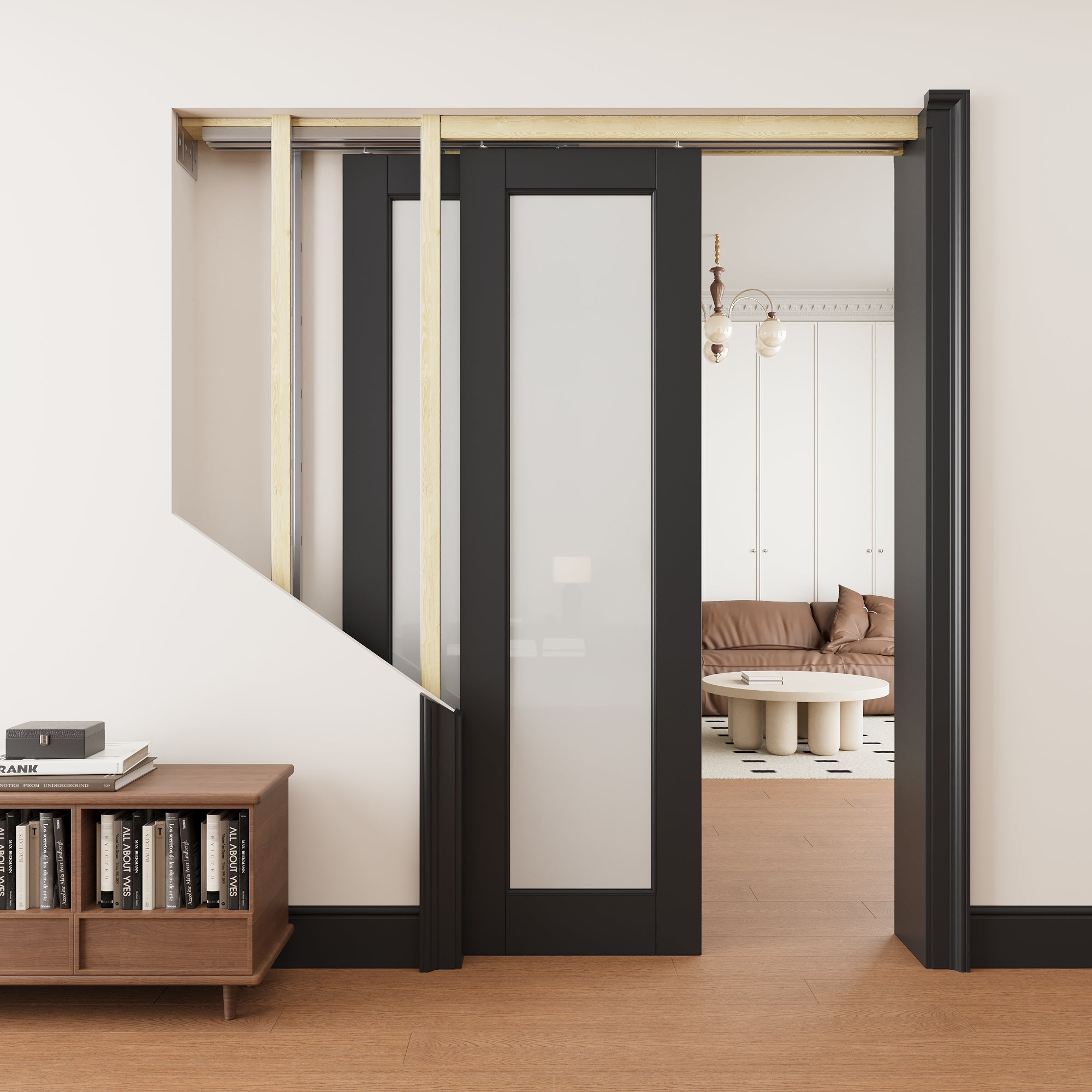 Ark Design 1 lite Frosted Glass Double Bypass Pocket Door with Hardware Kit & Soft Close & Black Frame, Solid Core MDF Wood & Paint-grade Finished