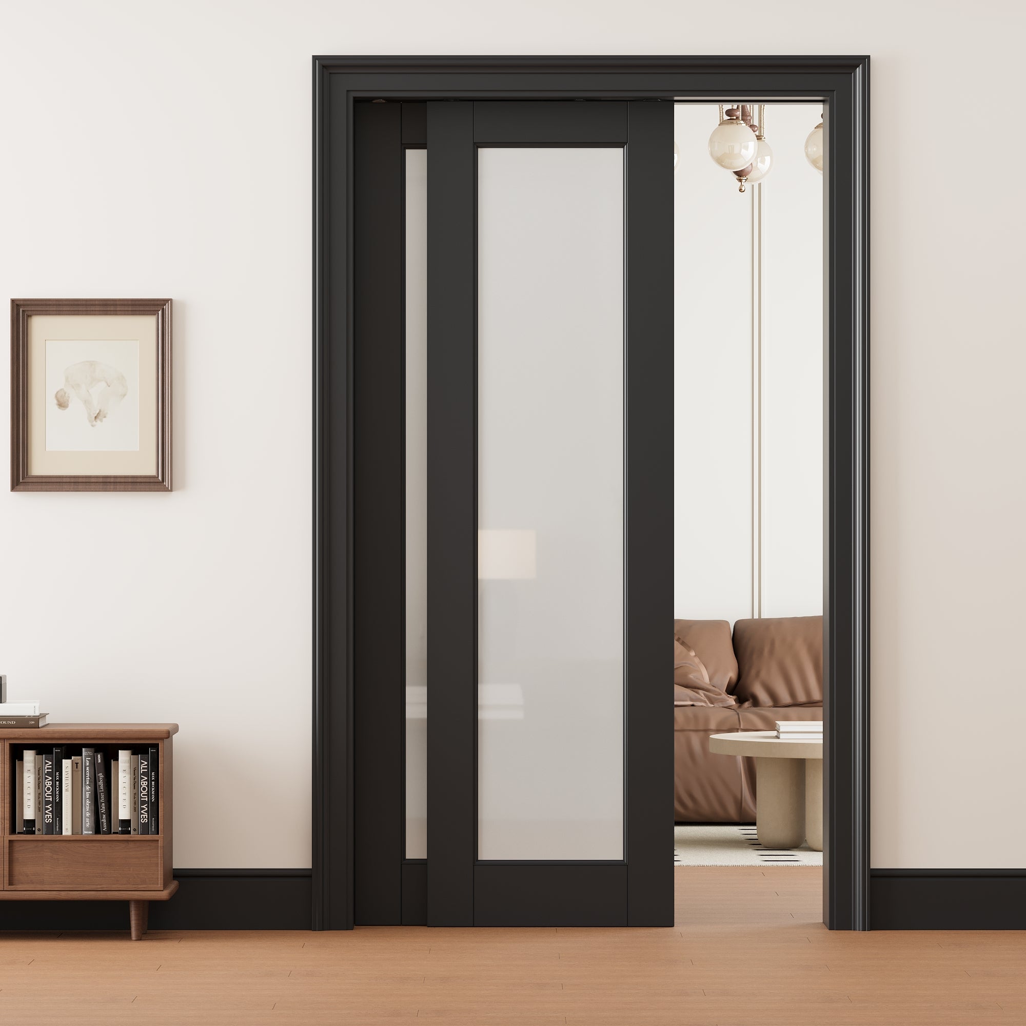 Ark Design 1 lite Frosted Glass Double Bypass Pocket Door with Hardware Kit & Soft Close & Black Frame, Solid Core MDF Wood & Paint-grade Finished