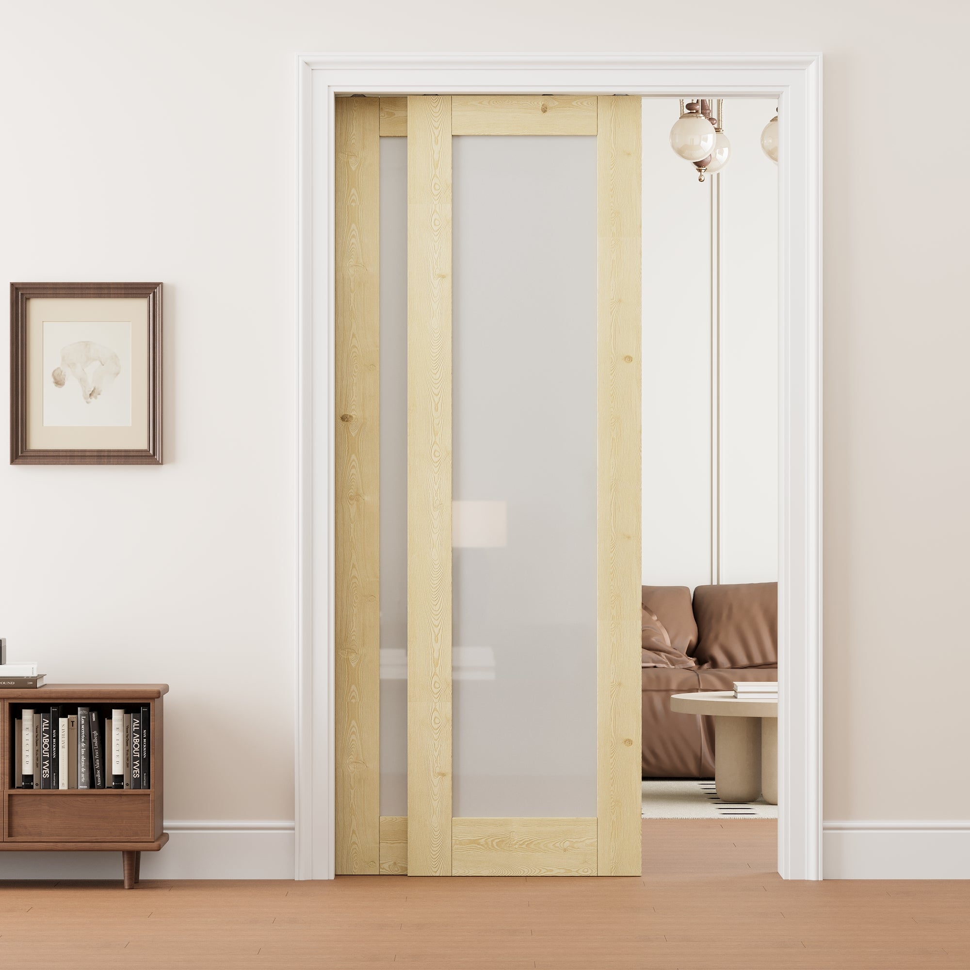 Ark Design 1 Lite Frosted Glass Double Bypass Pocket Door with Hardware Kit & Soft Close & Frame, Unfinished Natural Pine Wood