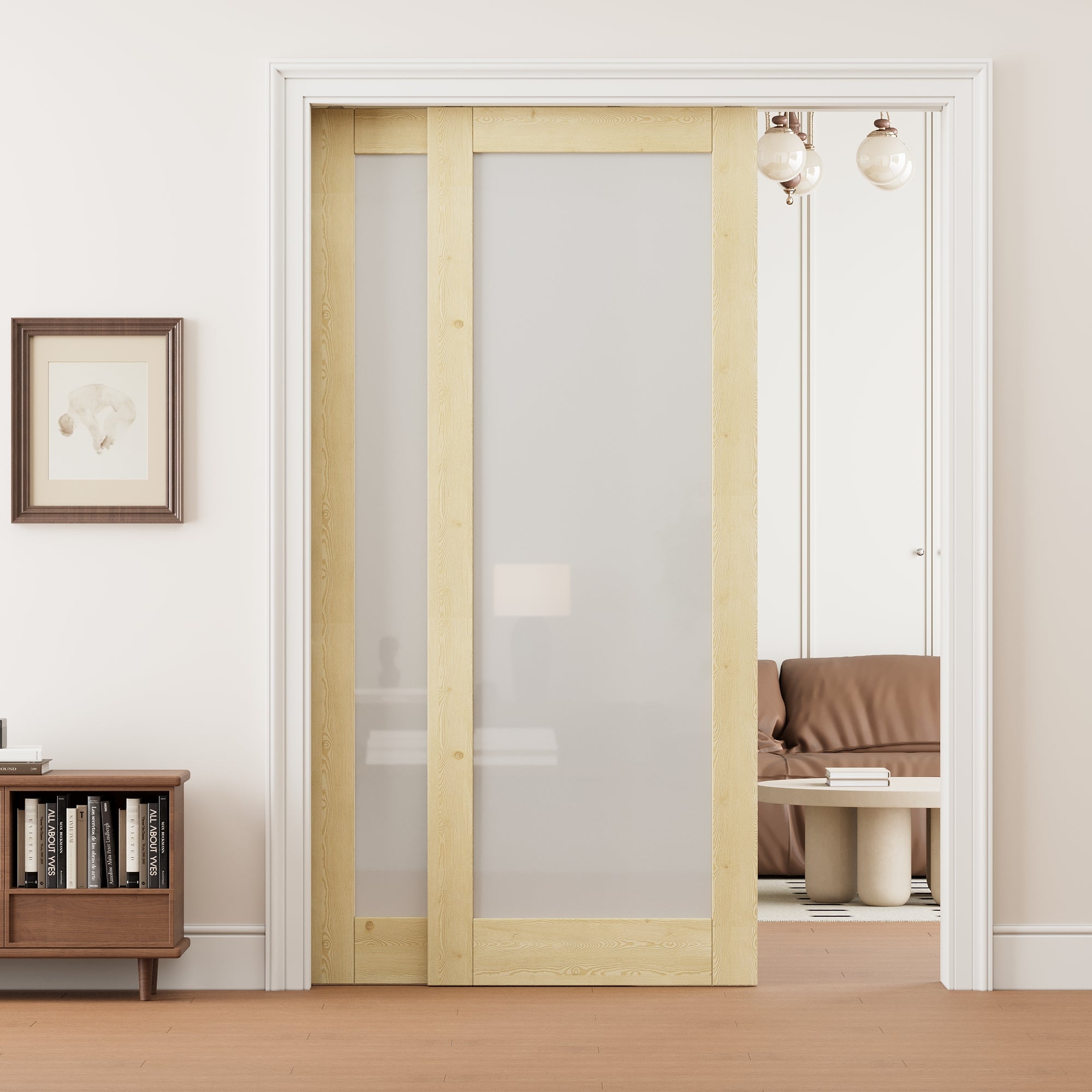 Ark Design 1 Lite Frosted Glass Double Bypass Pocket Door with Hardware Kit & Soft Close & Frame, Unfinished Natural Pine Wood
