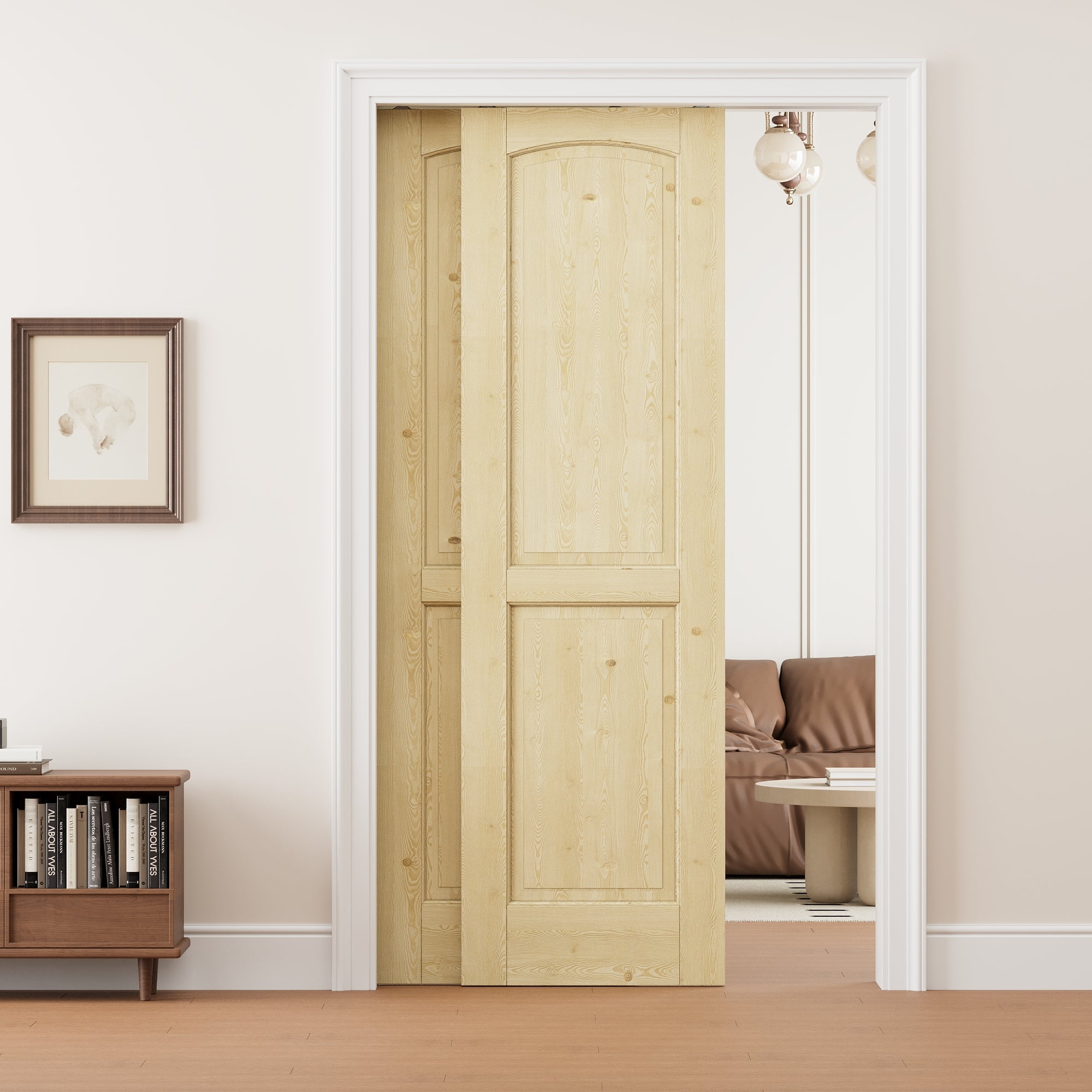 Ark Design 2 Panel Double Bypass Pocket Door with Hardware Kit & Soft Close & Frame, Unfinished Natural Pine Wood