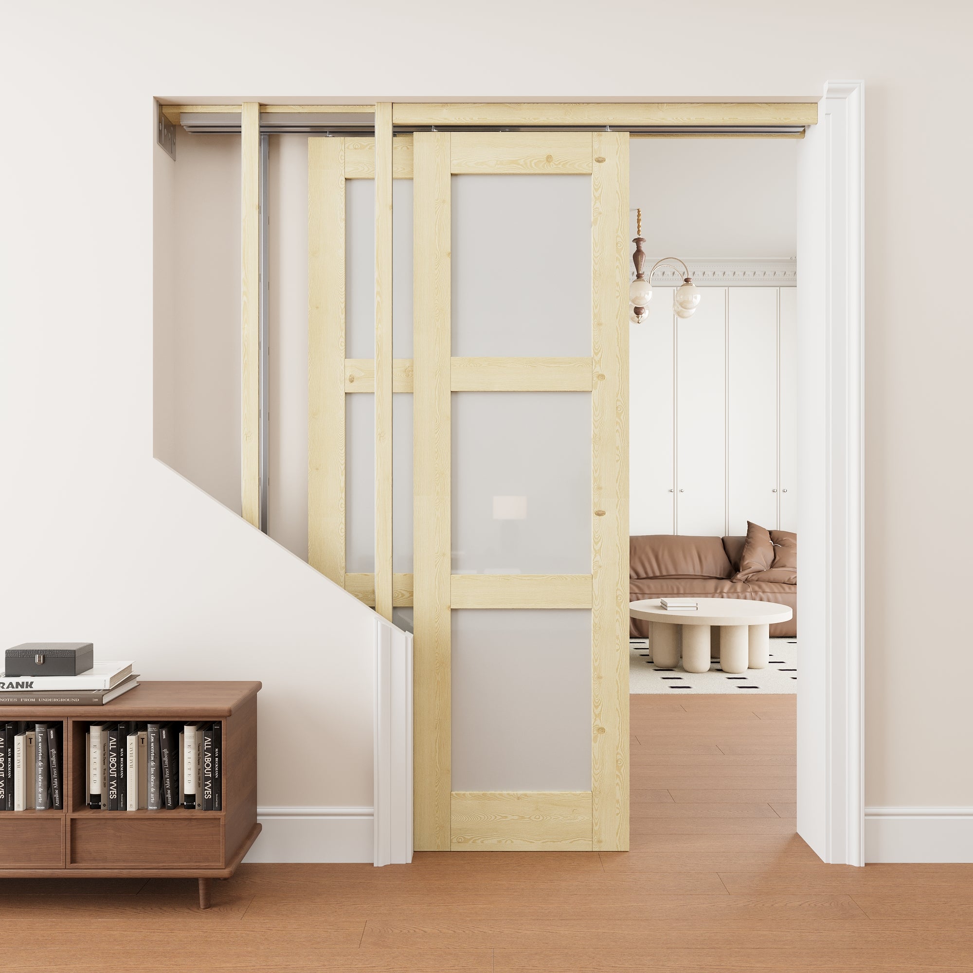 Ark Design 3 Lite Frosted Glass Double Bypass Pocket Door with Hardware Kit & Soft Close & Frame, Unfinished Natural Pine Wood