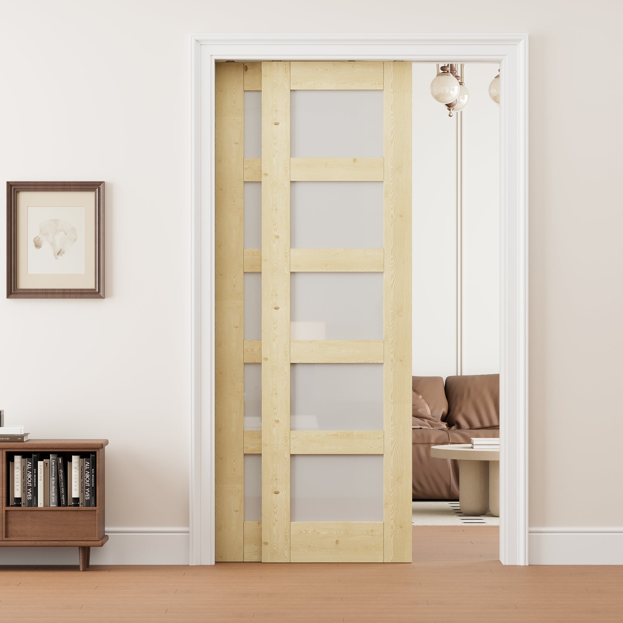 Ark Design 5 Lite Frosted Glass Double Bypass Pocket Door with Hardware Kit & Soft Close & Frame, Unfinished Natural Pine Wood
