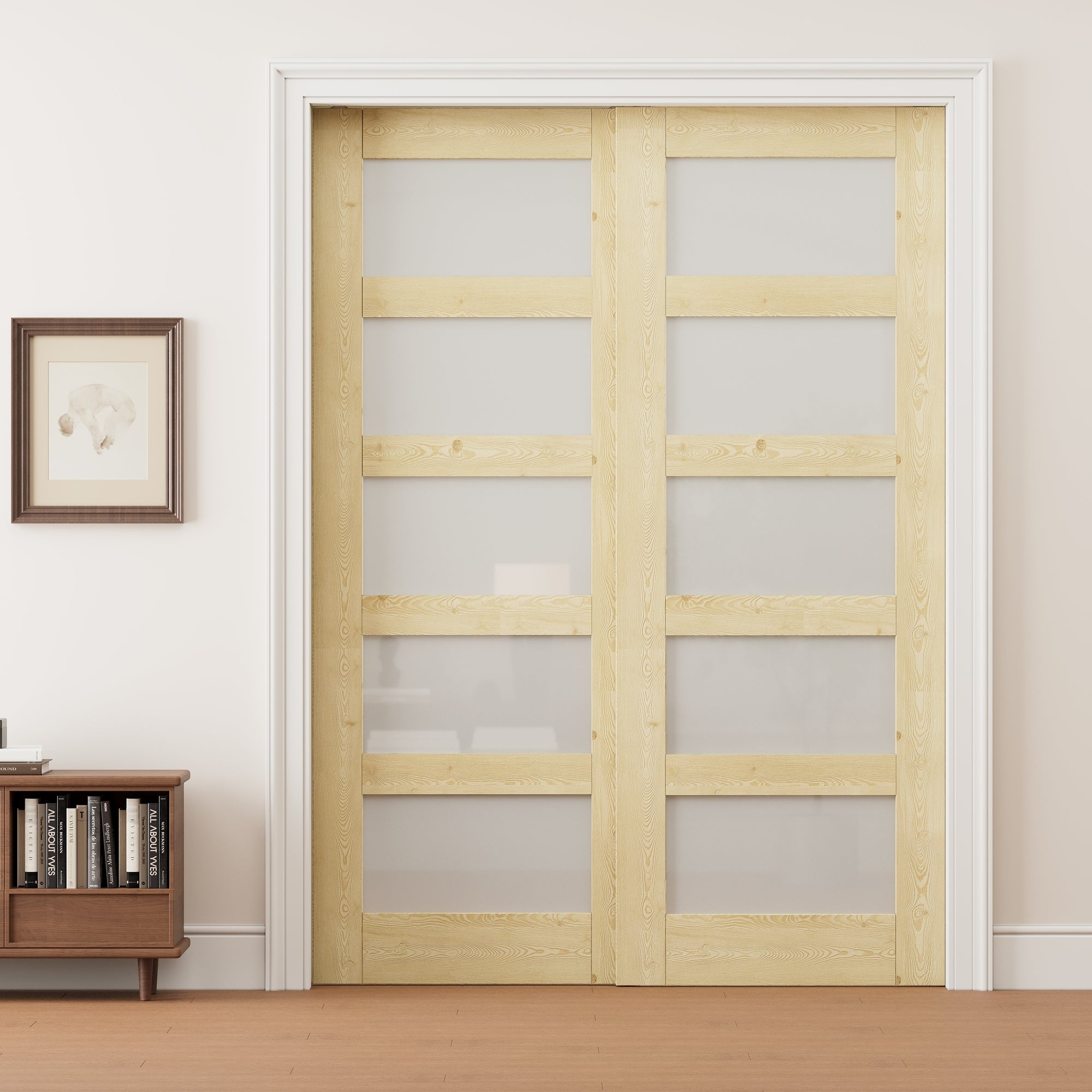 Ark Design 5 Lite Frosted Glass Double Bypass Pocket Door with Hardware Kit & Soft Close & Frame, Unfinished Natural Pine Wood