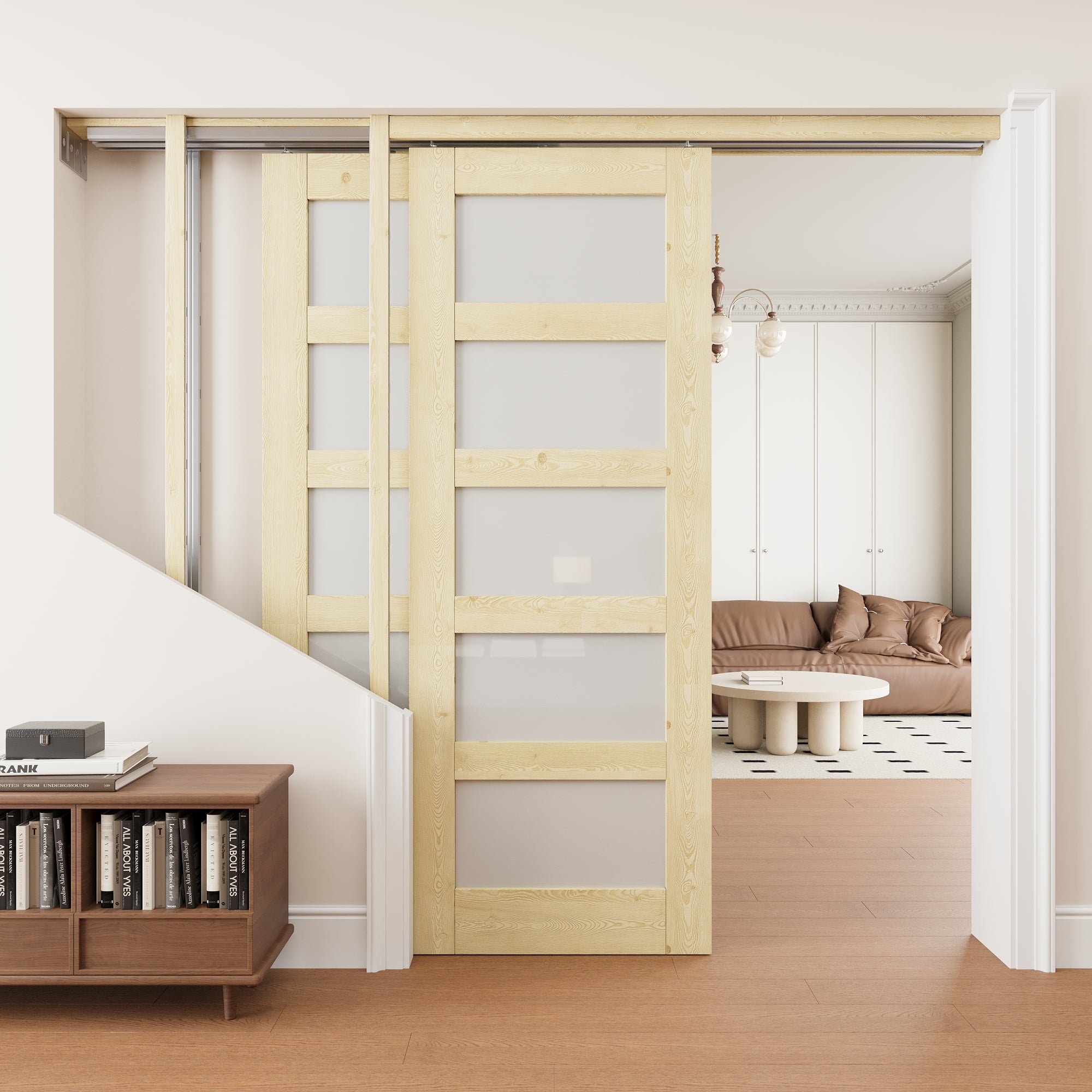 Ark Design 5 Lite Frosted Glass Double Bypass Pocket Door with Hardware Kit & Soft Close & Frame, Unfinished Natural Pine Wood