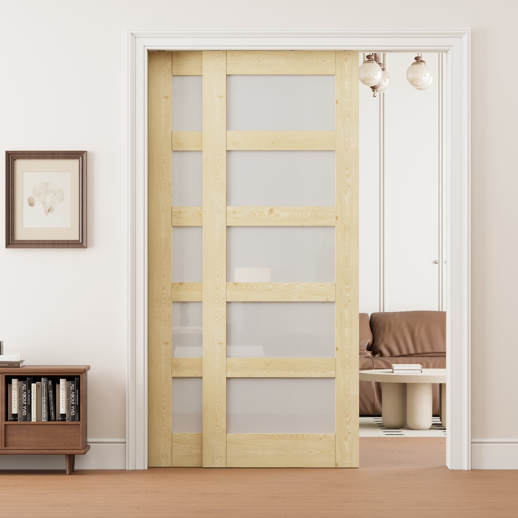 Ark Design 5 Lite Frosted Glass Double Bypass Pocket Door with Hardware Kit & Soft Close & Frame, Unfinished Natural Pine Wood