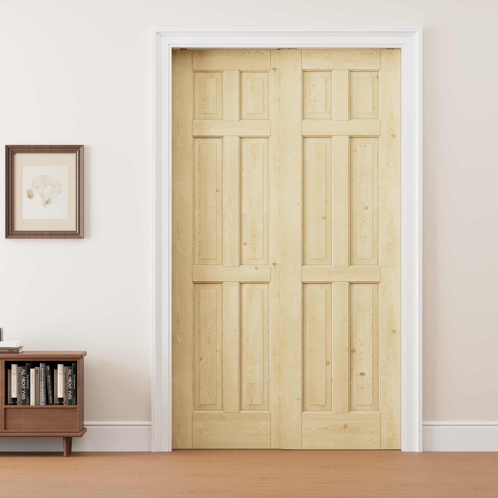 Ark Design 6 Panel Double Bypass Pocket Door with Hardware Kit & Soft Close & Frame, Unfinished Natural Pine Wood
