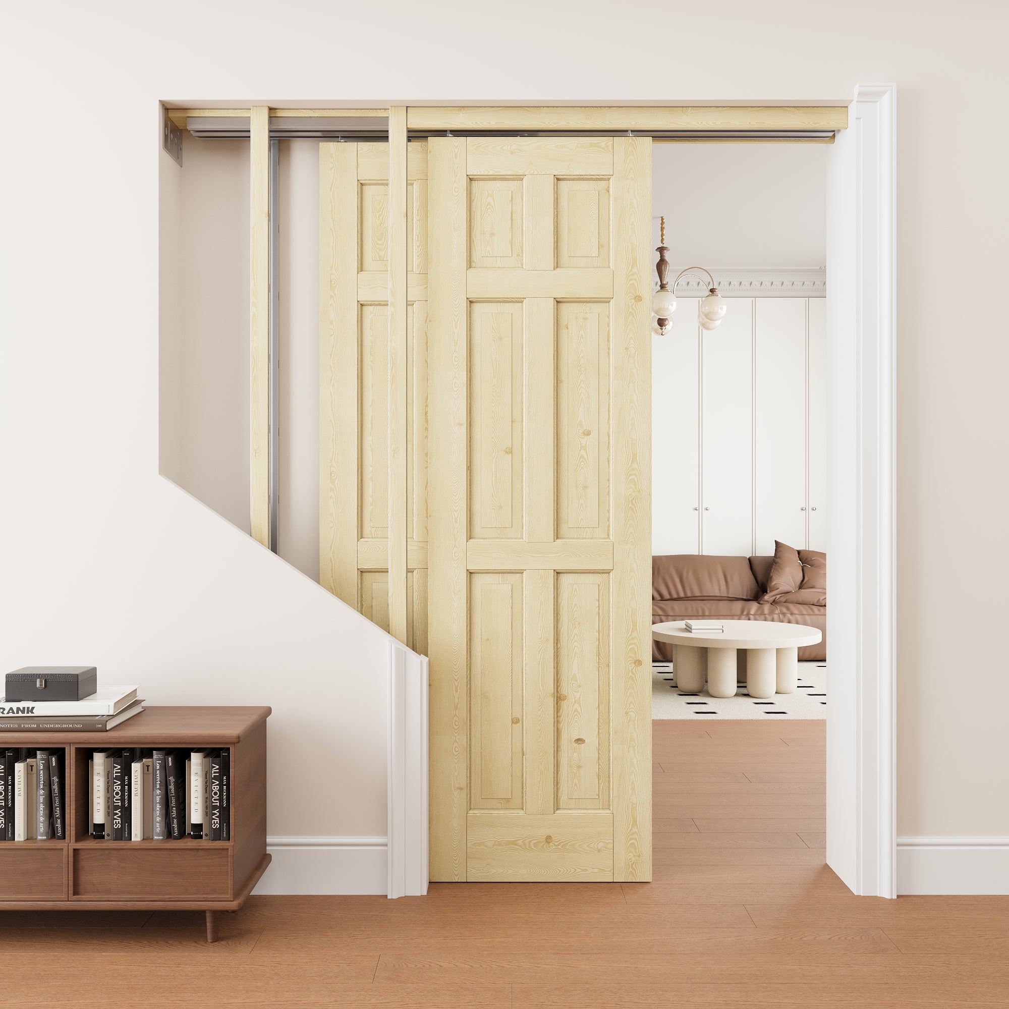 Ark Design 6 Panel Double Bypass Pocket Door with Hardware Kit & Soft Close & Frame, Unfinished Natural Pine Wood