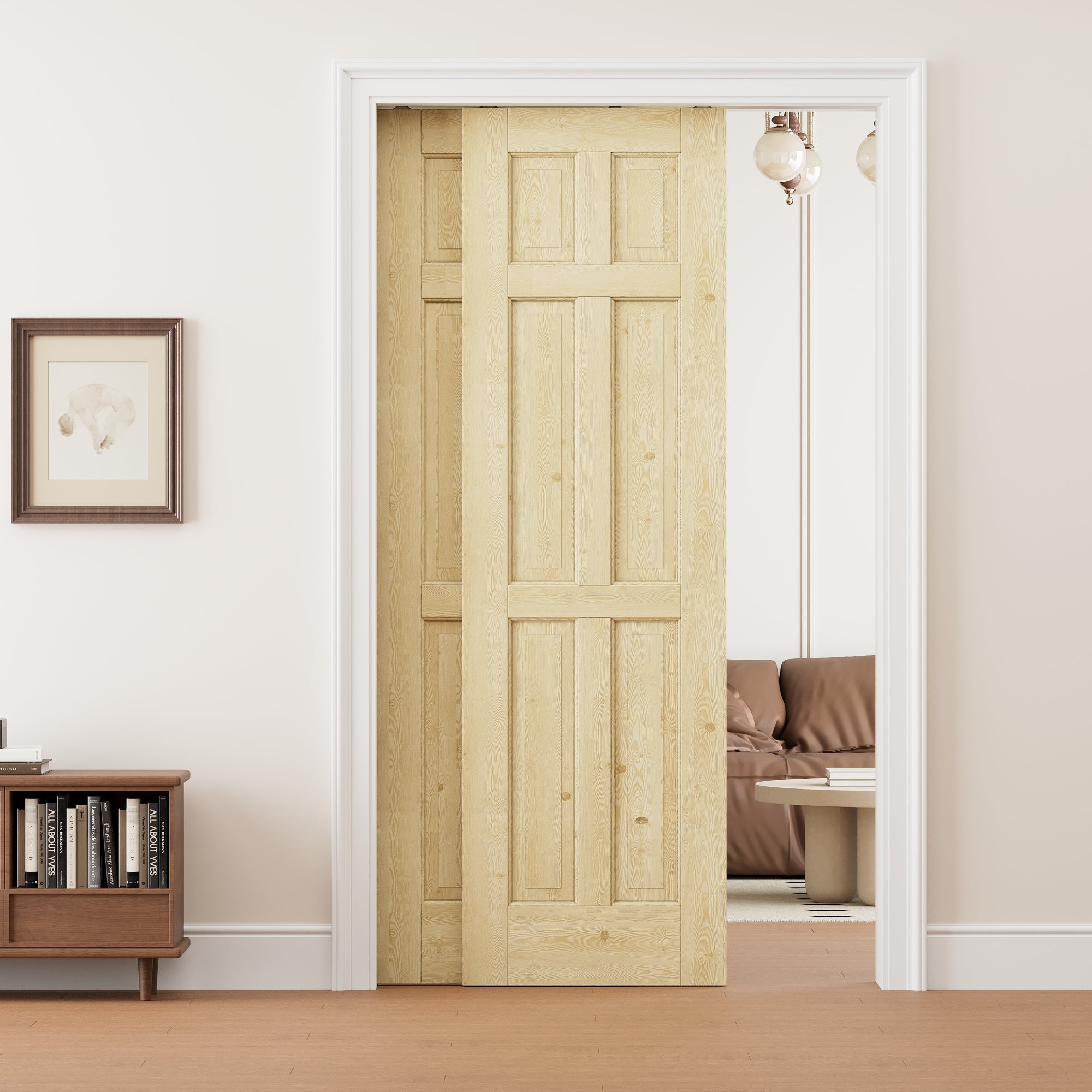 Ark Design 6 Panel Double Bypass Pocket Door with Hardware Kit & Soft Close & Frame, Unfinished Natural Pine Wood