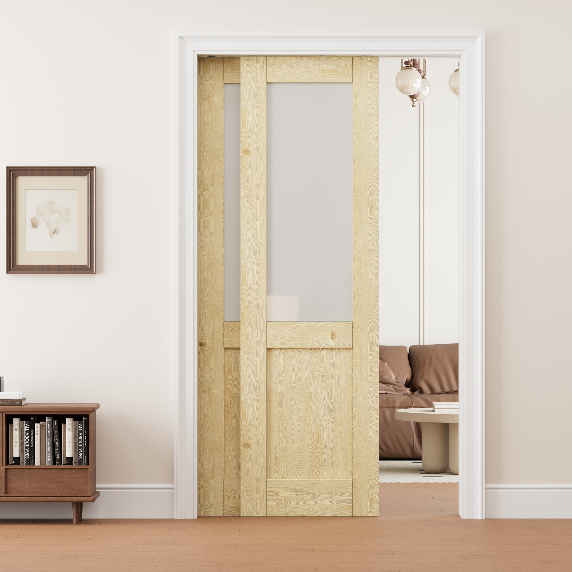 Ark Design Half Lite Frosted Glass Double Bypass Pocket Door with Hardware Kit & Soft Close & Frame, Unfinished Natural Pine Wood
