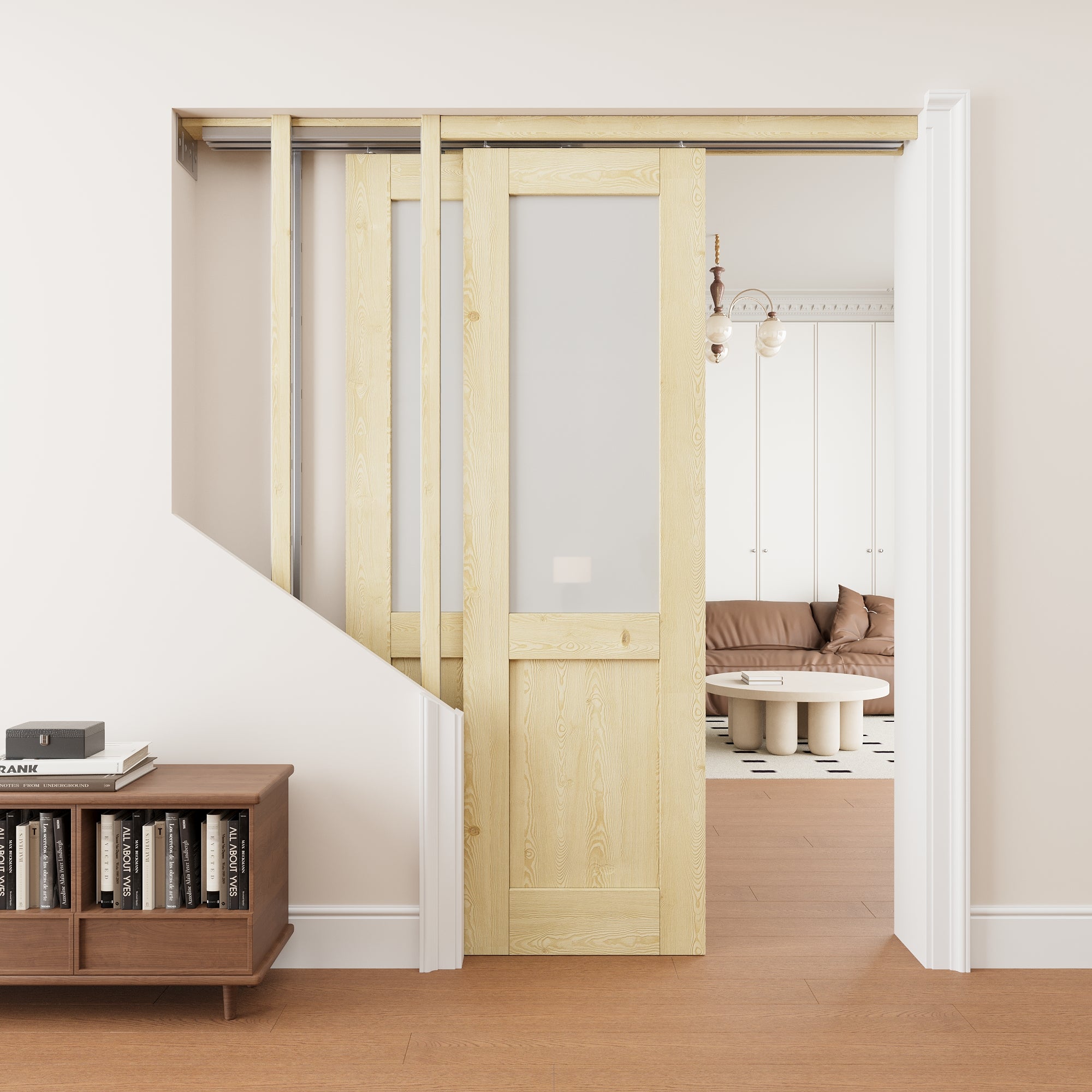 Ark Design Half Lite Frosted Glass Double Bypass Pocket Door with Hardware Kit & Soft Close & Frame, Unfinished Natural Pine Wood