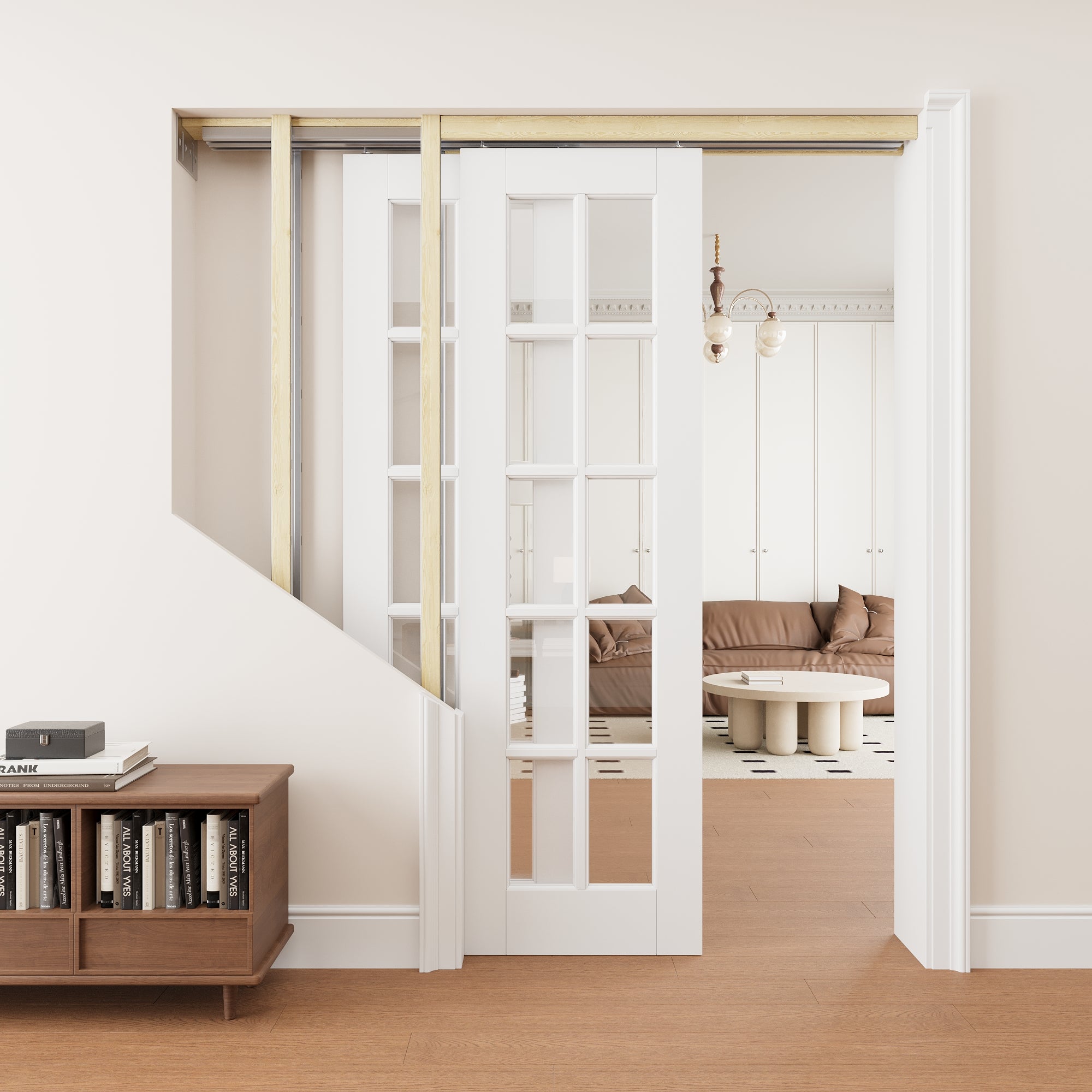 Ark Design 10 Lite Clear Glass Double Bypass Pocket Door with Hardware Kit & Soft Close & Frame, Solid Core MDF Wood & Paint-grade Finished, White