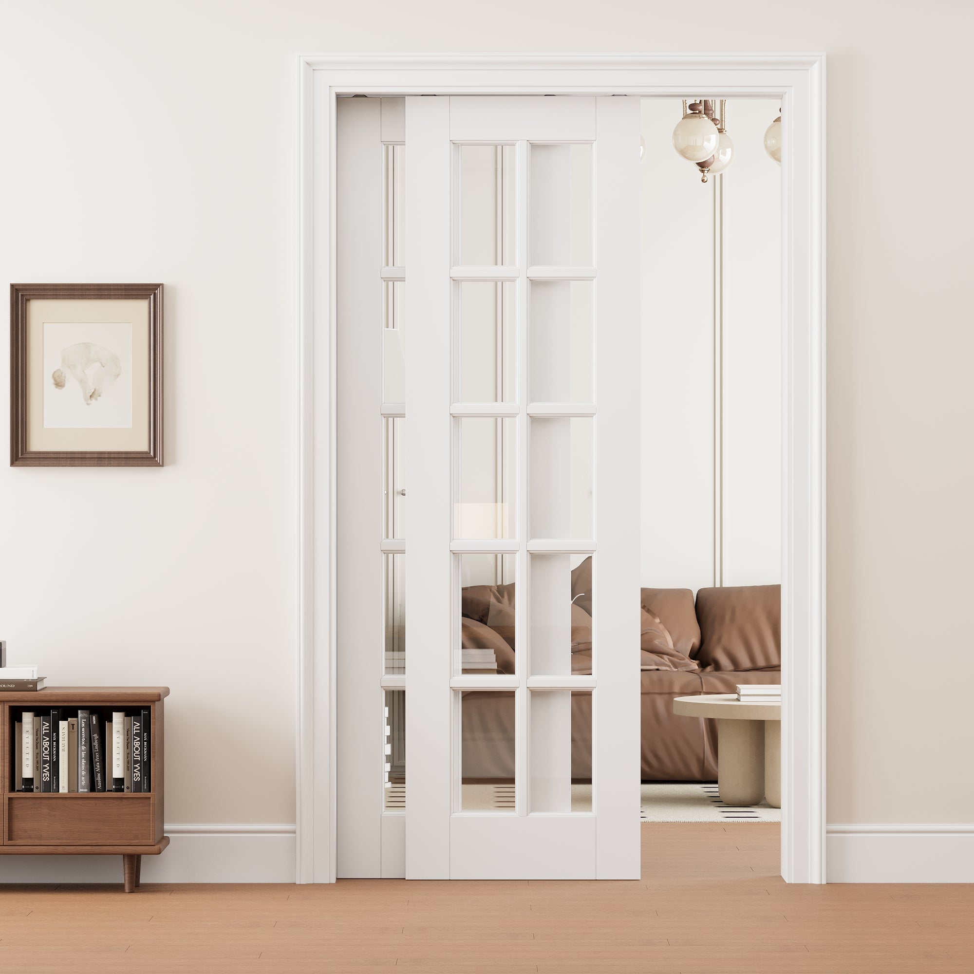 Ark Design 10 Lite Clear Glass Double Bypass Pocket Door with Hardware Kit & Soft Close & Frame, Solid Core MDF Wood & Paint-grade Finished, White