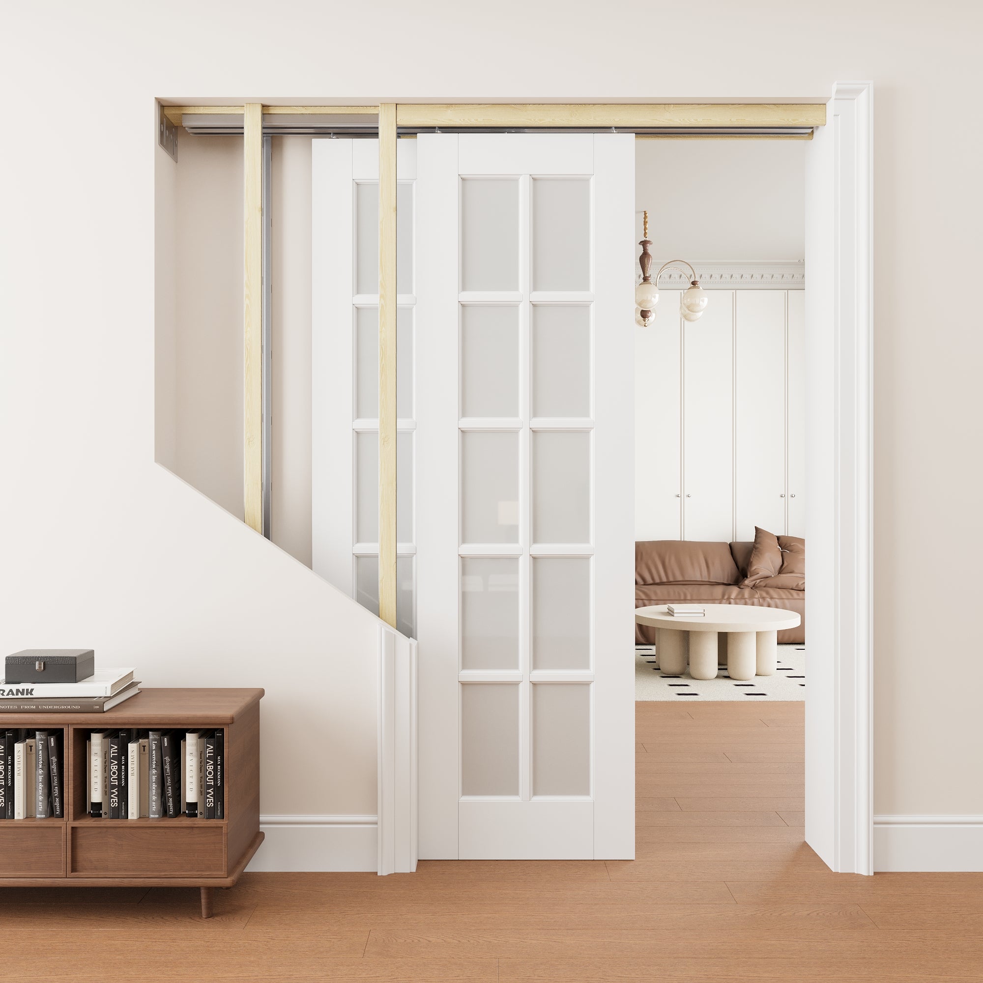 Ark Design 10 lite Frosted Glass Double Bypass Pocket Door with Hardware Kit & Soft Close & Frame, Solid Core MDF Wood & Paint-grade Finished, White